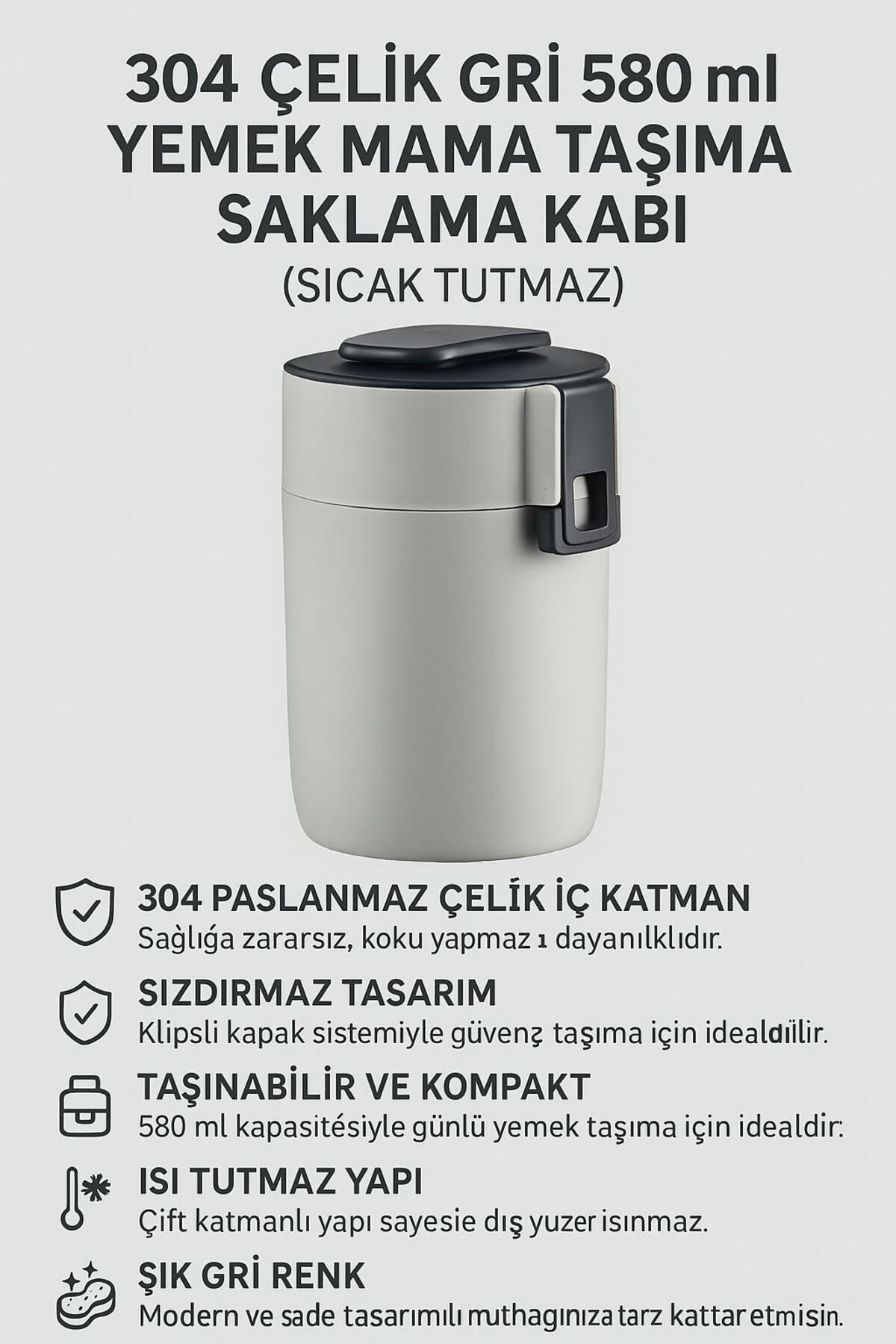 Weather Forecast 304 Çelik Gri 580 ml Yemek Mama Taşıma Saklama Kabı (SICAK TUTMAZ) cin561gr fotoğrafı 6 (önizleme)