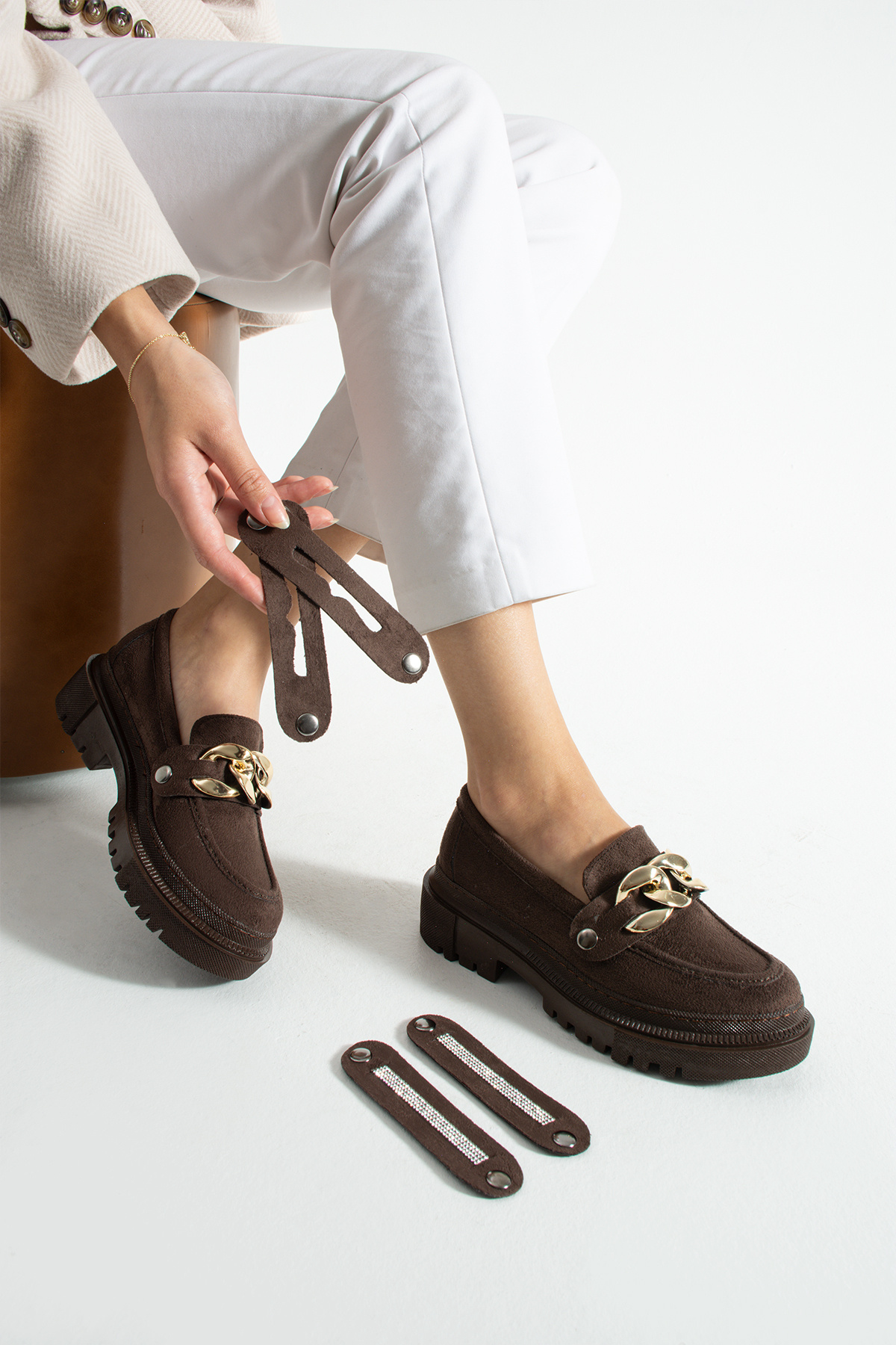 Yula Fashion Shoes Acı Kahve Sök Tak Değiştirilebilir Tokalı Loafer Ayakkabı