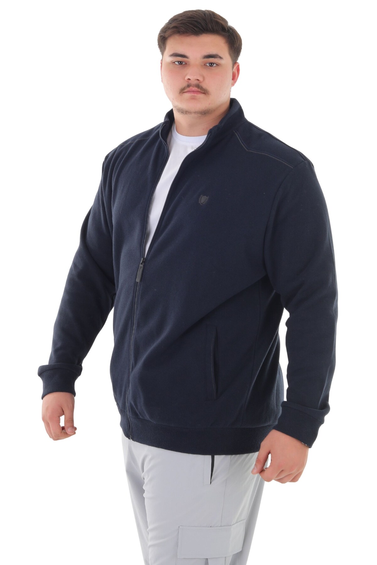 marufshop Erkek Büyük Beden 122-158 Kilo Arası İçin Uygun Pamuklu Geniş Kalıp Dik Yaka Fermuarlı Sweat Mont