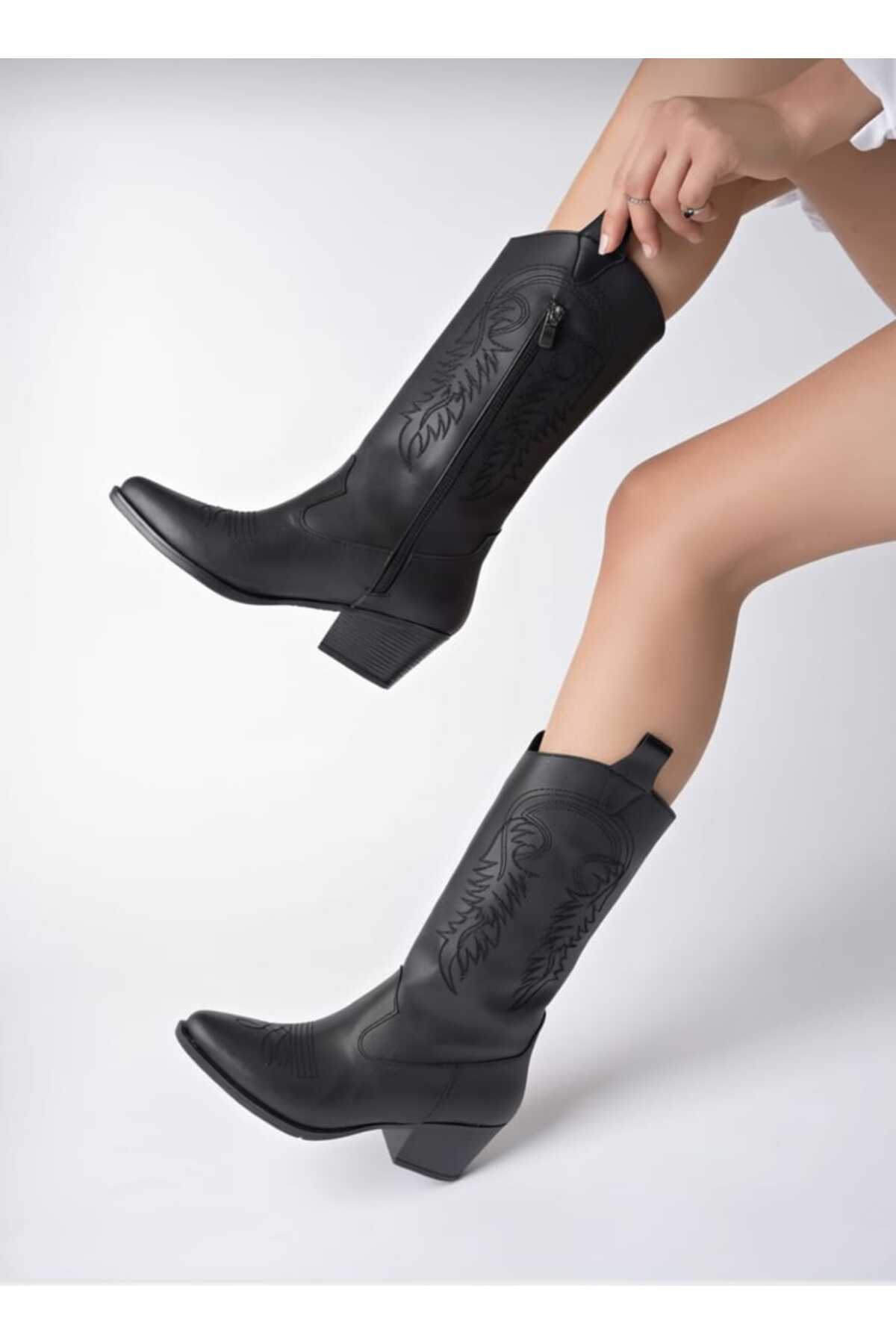 LZ SHOES  Kadın Siyah Deri Nakışlı Yeni Sezon Kovboy Çizme - Görsel 3