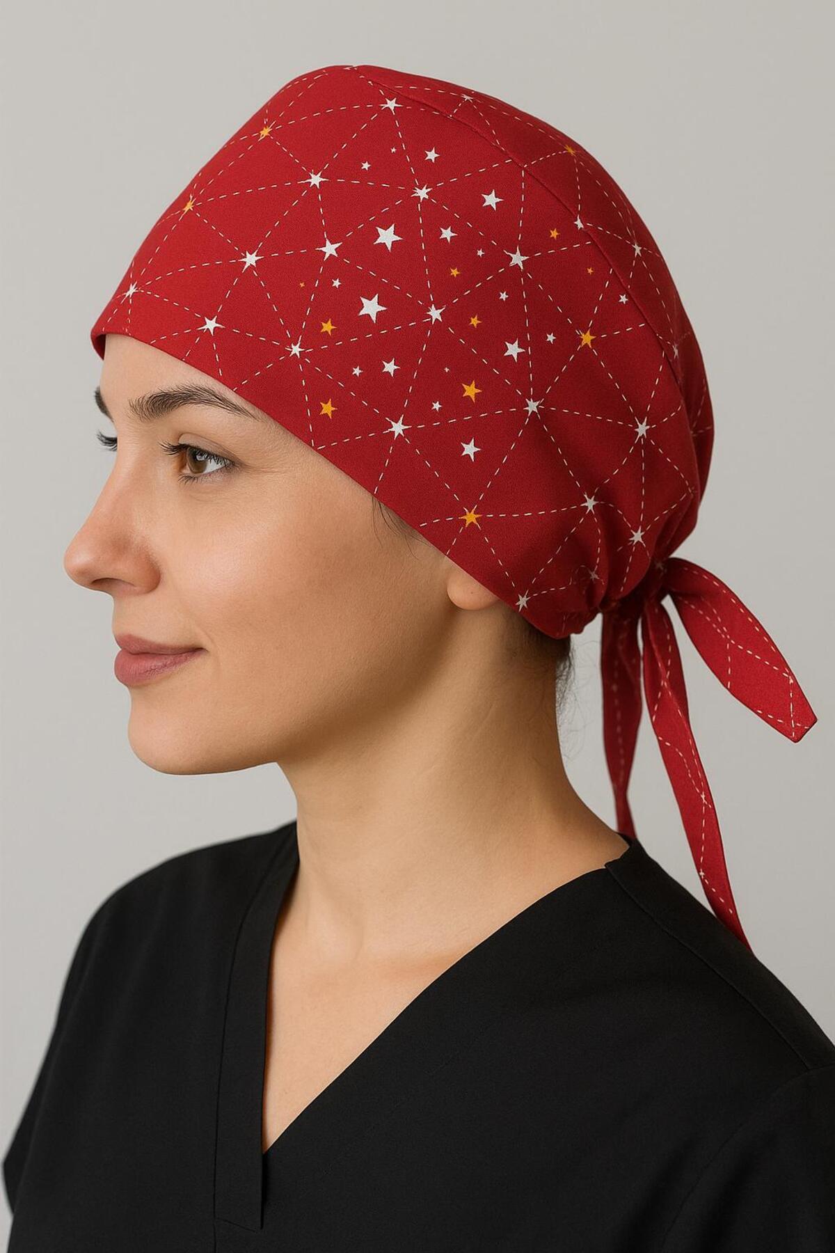 GTB BUTİK Kırmızı Samanyolu Desenli Doktor Hemşire Aşçı Bonesi Cerrahi Bone