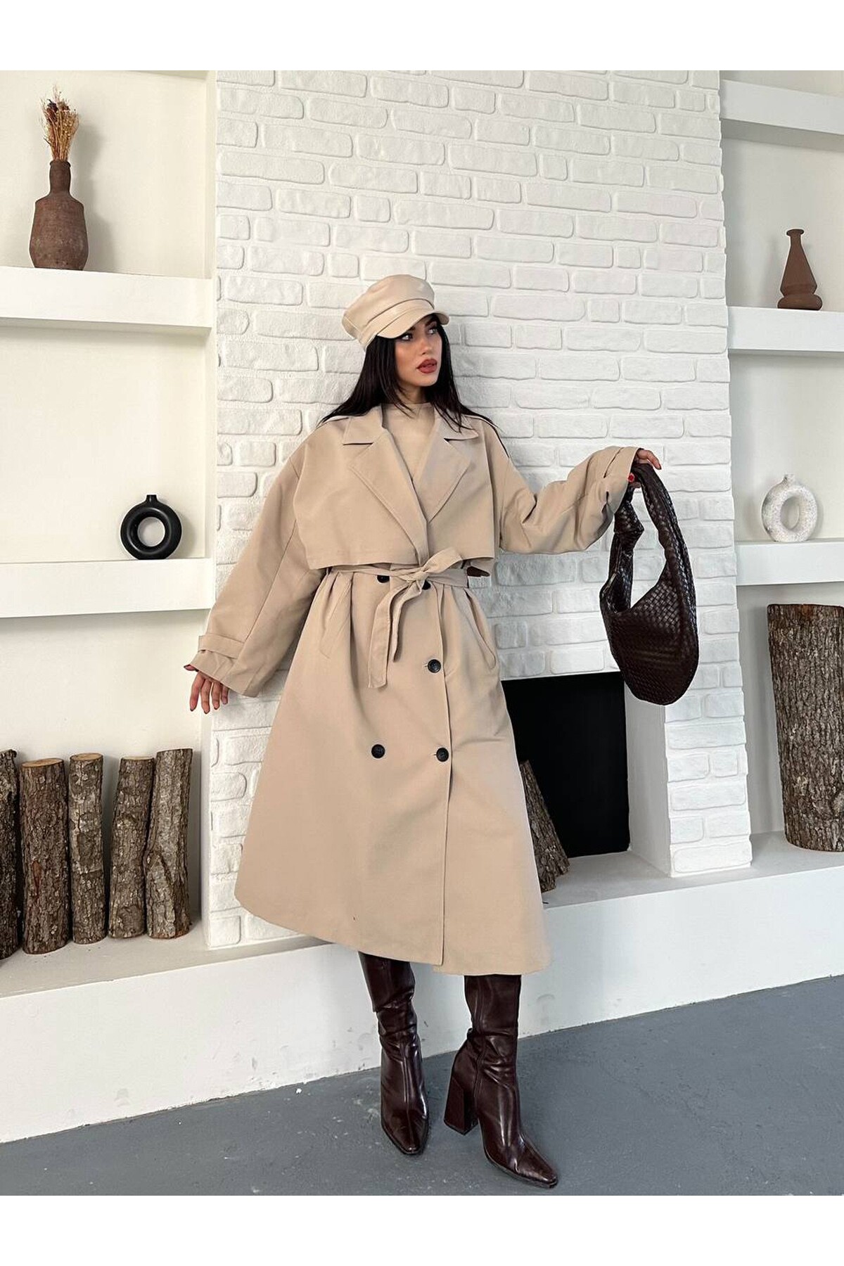 Women's Cream Long Trench Coat Pockets Belted Wind Cover New Season Outerwear