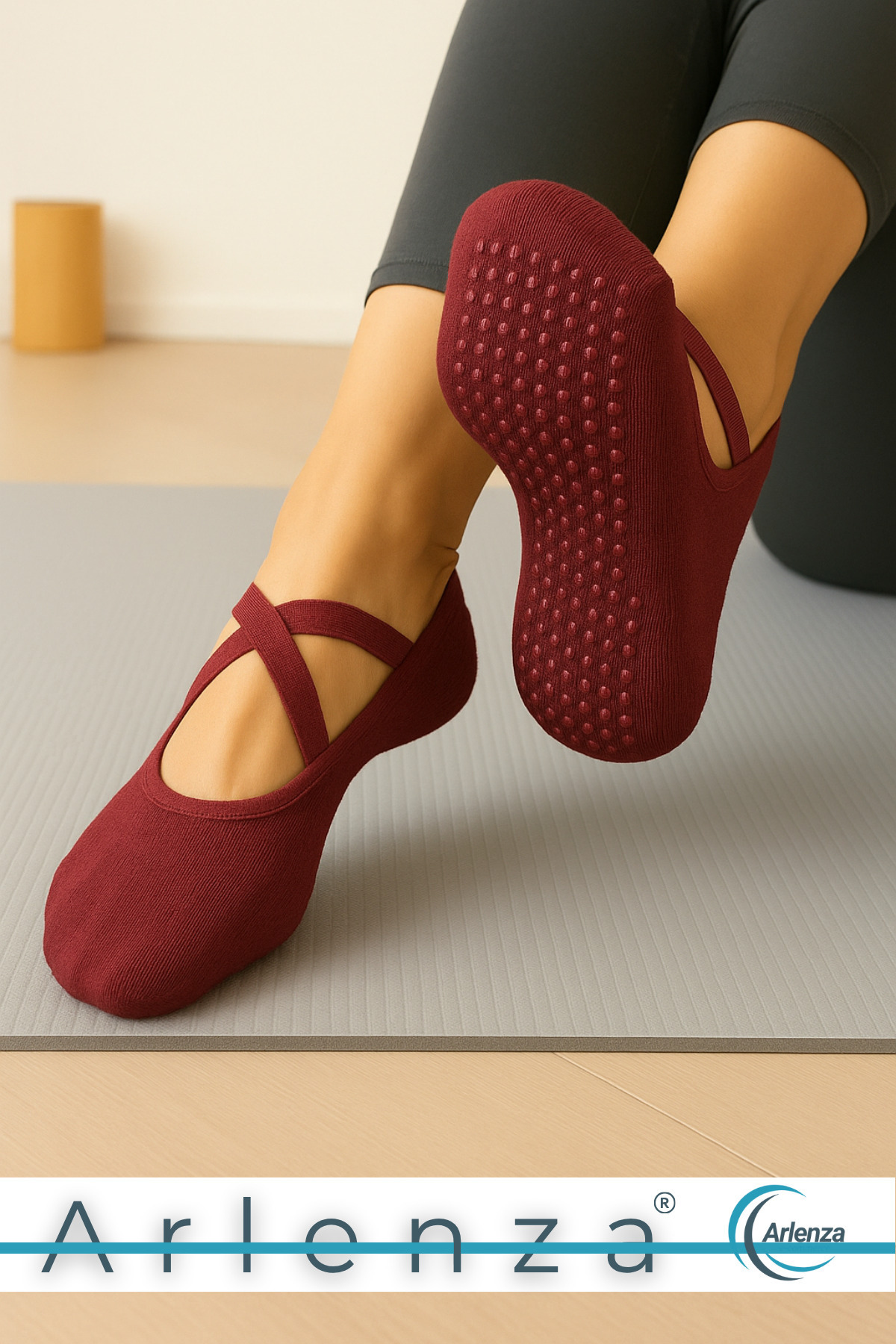 Arlenza Bordo Kadın Babet Çorap ◆ Pamuklu Kaymaz Silikon Taban ◆ Yoga Pilates Tavaf Dans
