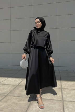 CHUL YAKASI FİYONKLU ABİYE TAKIM - SİYAH - GENİŞ BEDEN ARALIĞI