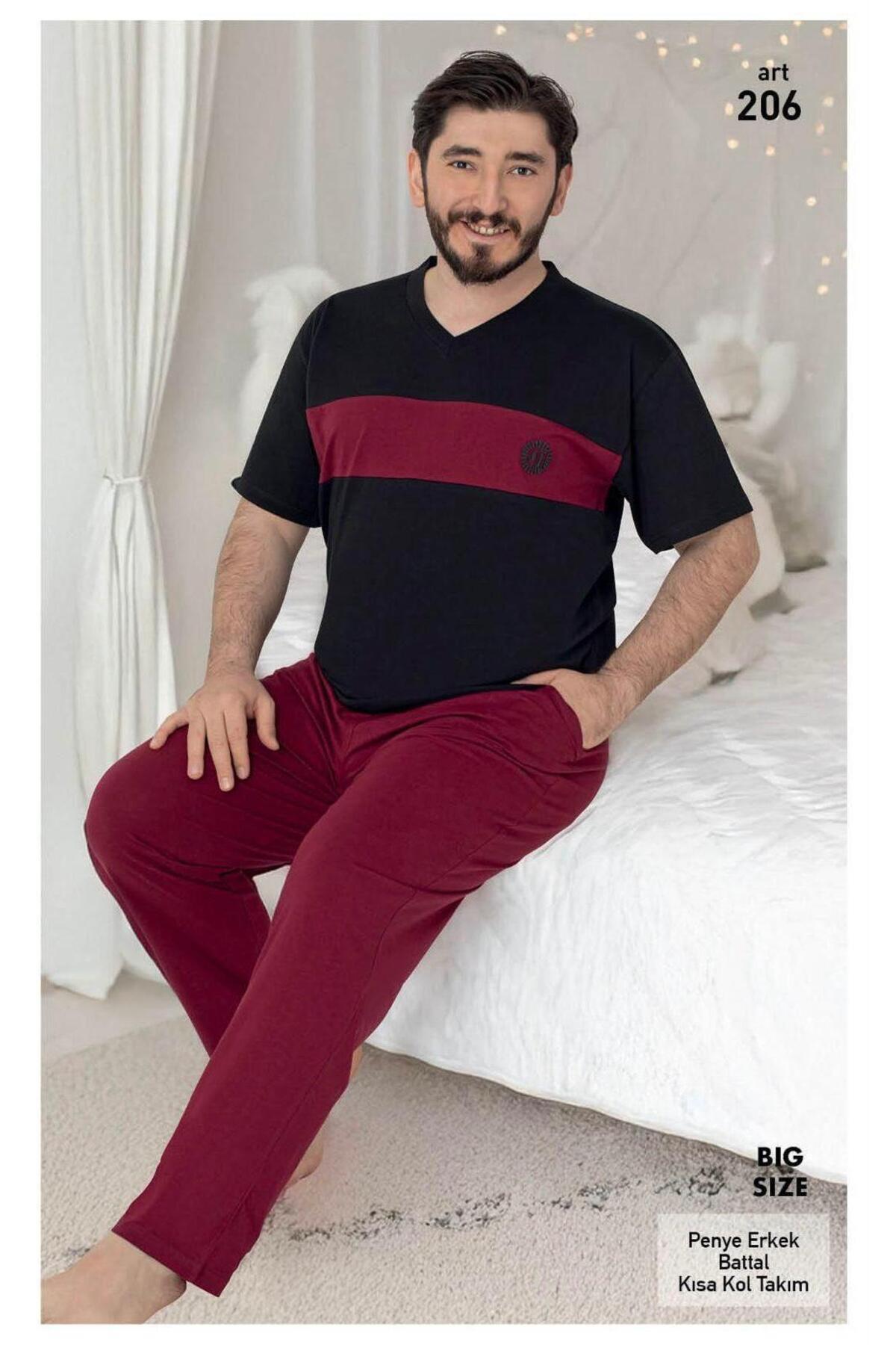 VAJESTO Erkek Siyah Battal Kısa Kol Uzun Pantolon Pamuk T-shirt Pantolon Büyük Beden Pijama Takım Cepli