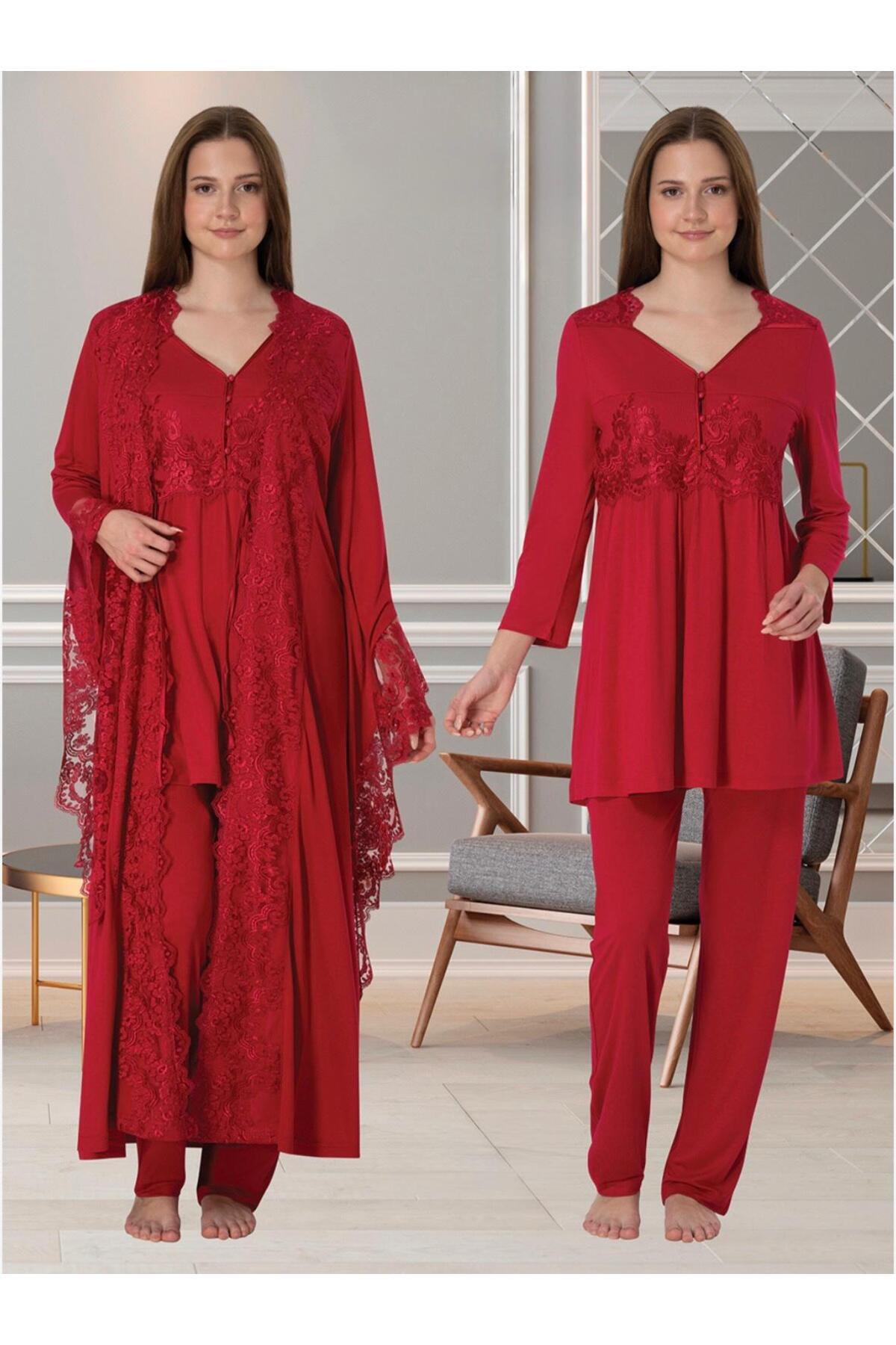 Lohusa Homewear Kadın Fuşya Tasarım Prenses Kollu Pamuklu Hamile Lohusa Sabahlık Pijama Takımı 3'lü Set