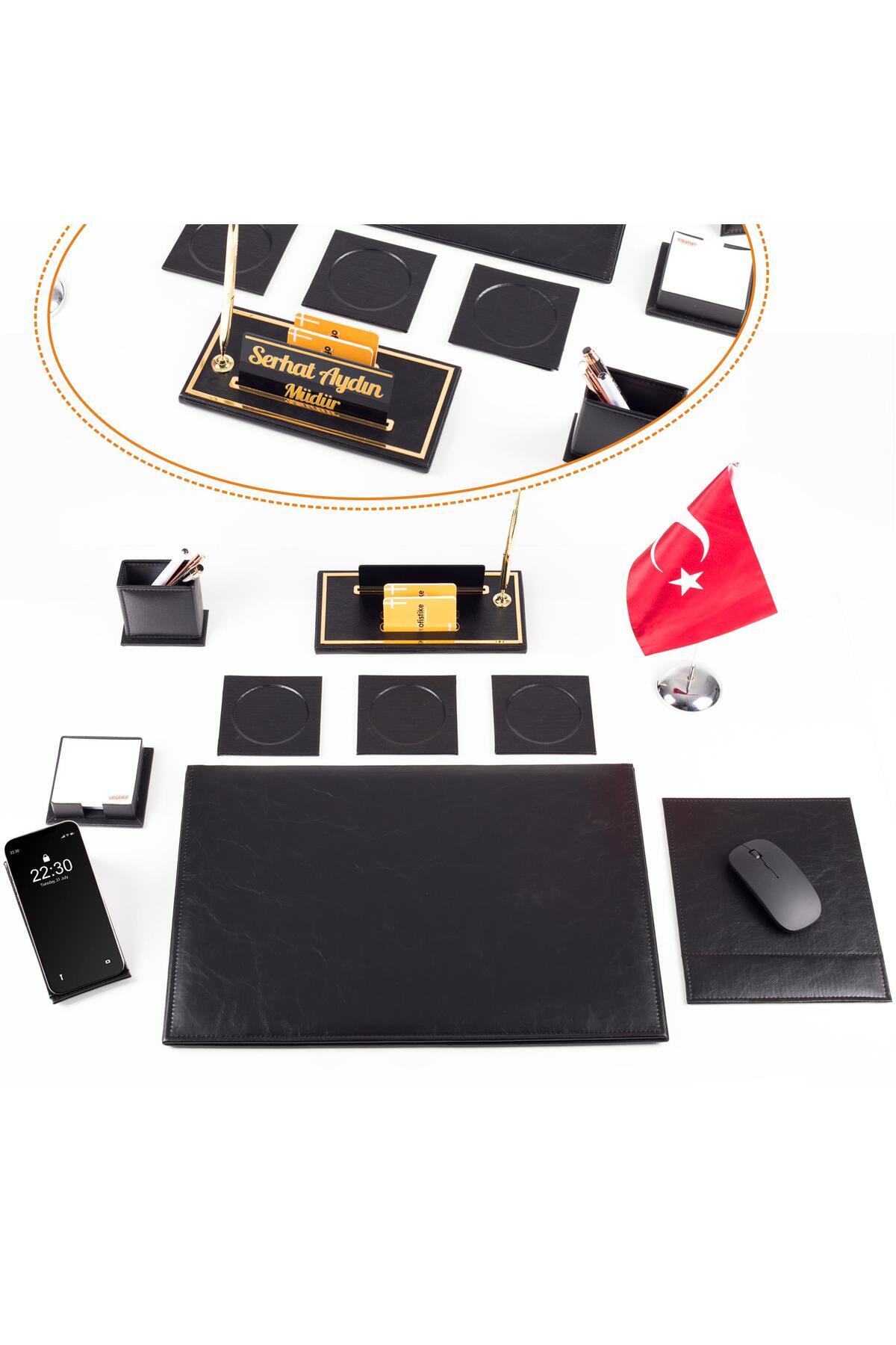 Ofistike Optima 10 Parça Türk Bayraklı Siyah Deri Sümen Seti Takımı Gold Kalem Ofis Masa İsimliği İsimlik