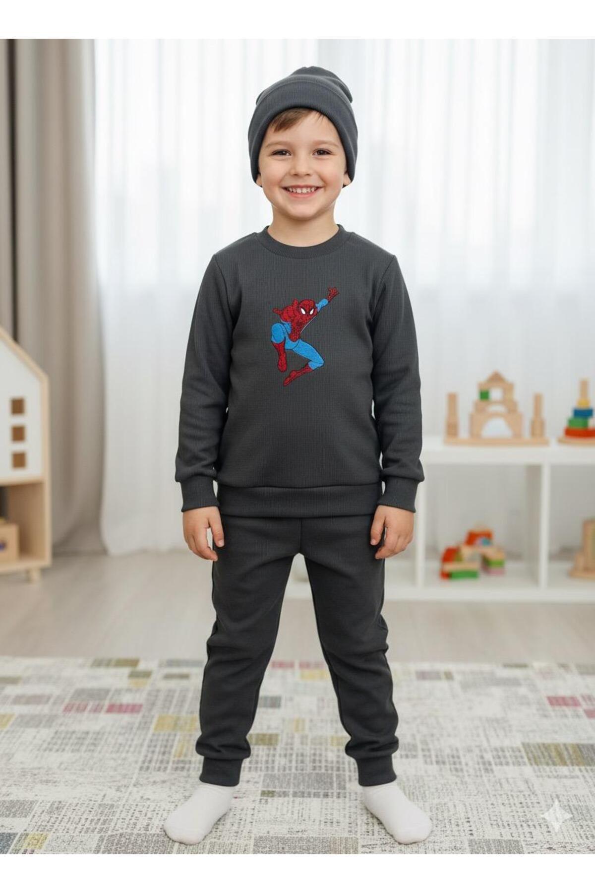 JOJOBAMBİNO Örümcek Adam Nakışlı Erkek Çocuk Bebek Kaşkorse Fitilli Bereli 3'lü Alt Üst Takım Günlük Kreş fotoğrafı 3 (önizleme)