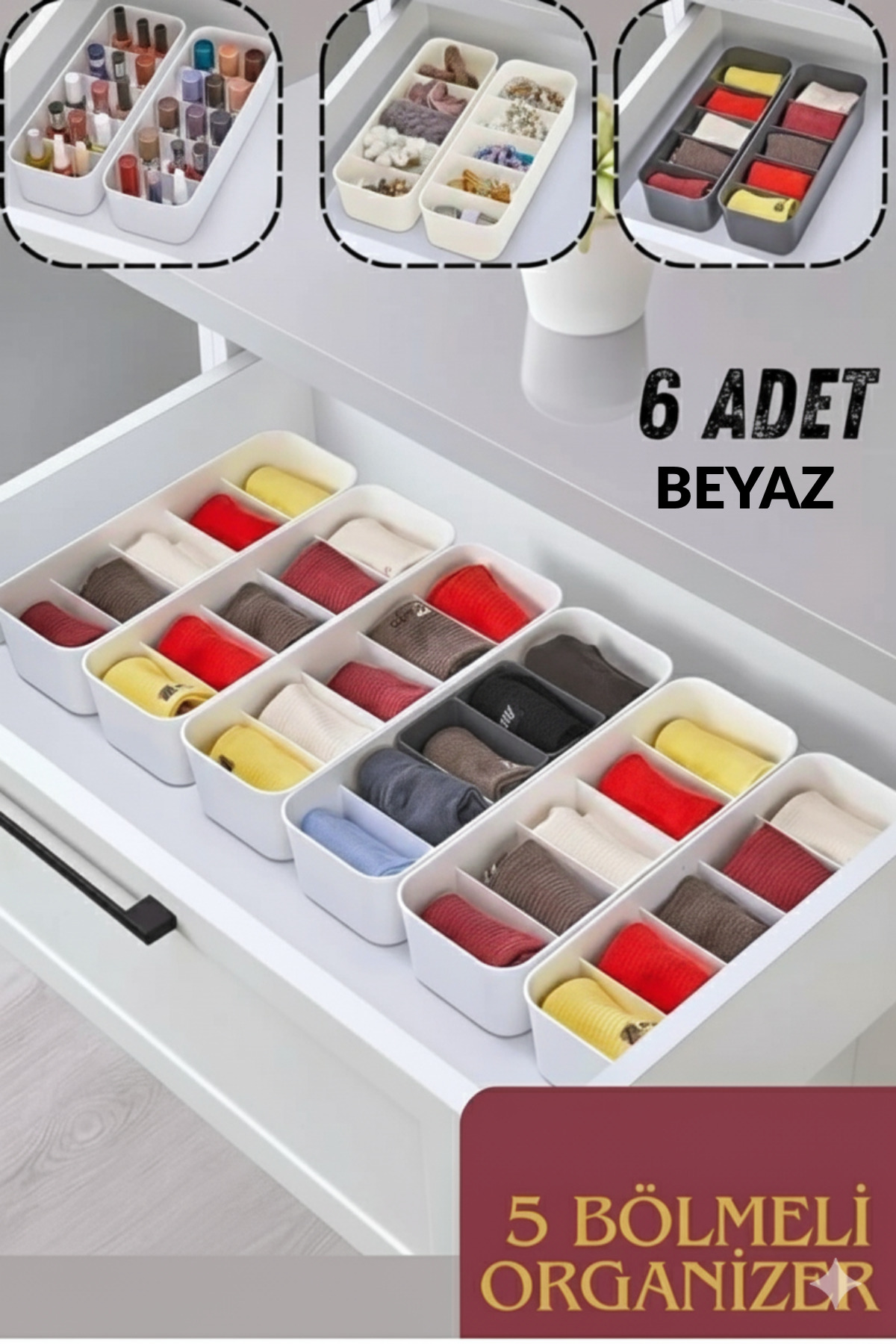 5 Compartment Organizer, Watch, Jewelry, Buckle, Socks, Underwear Organizer 6 Pcs White