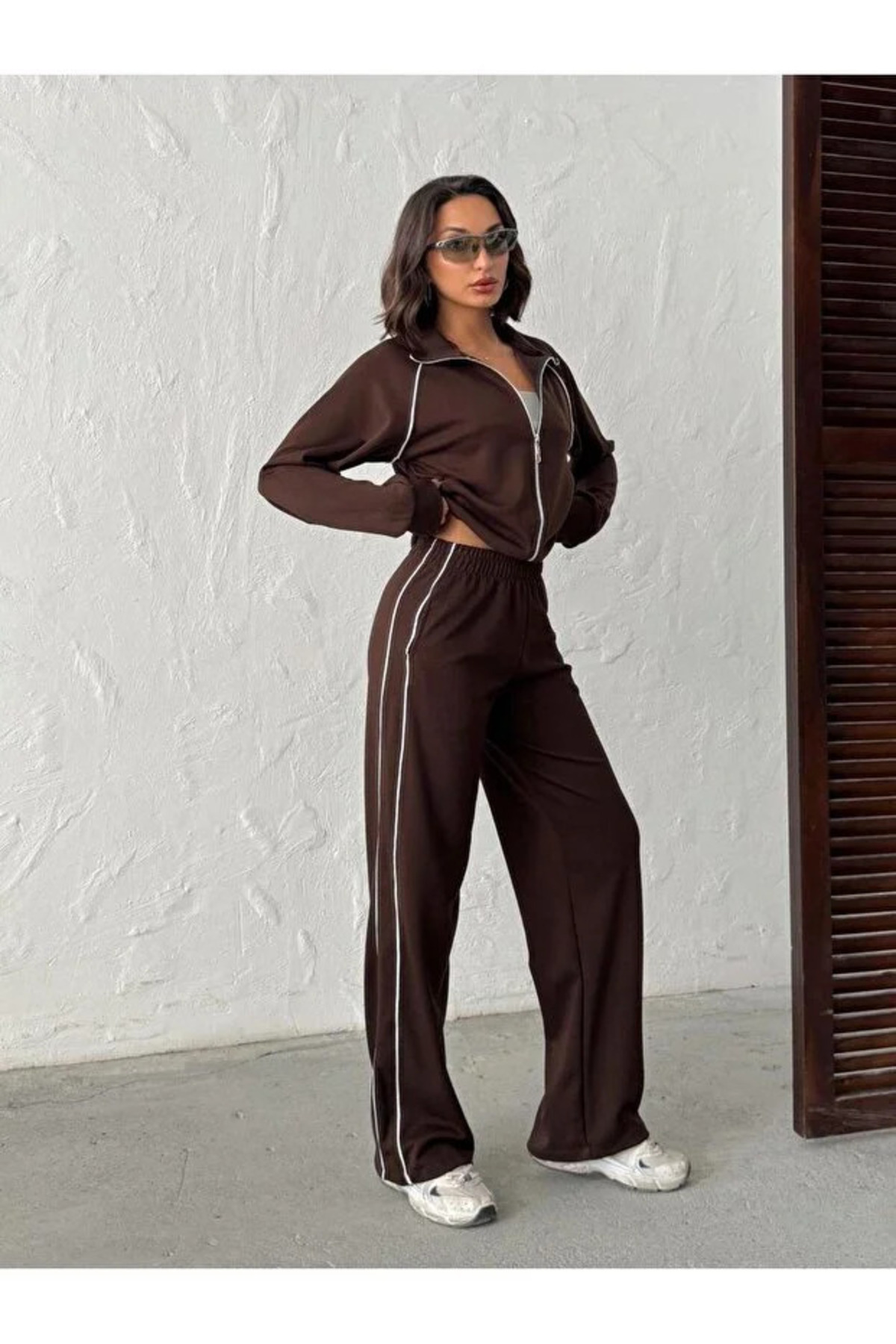 CyRo Modal Kumaş şeritli geniş paça fermuarlı Eşofman Takımı