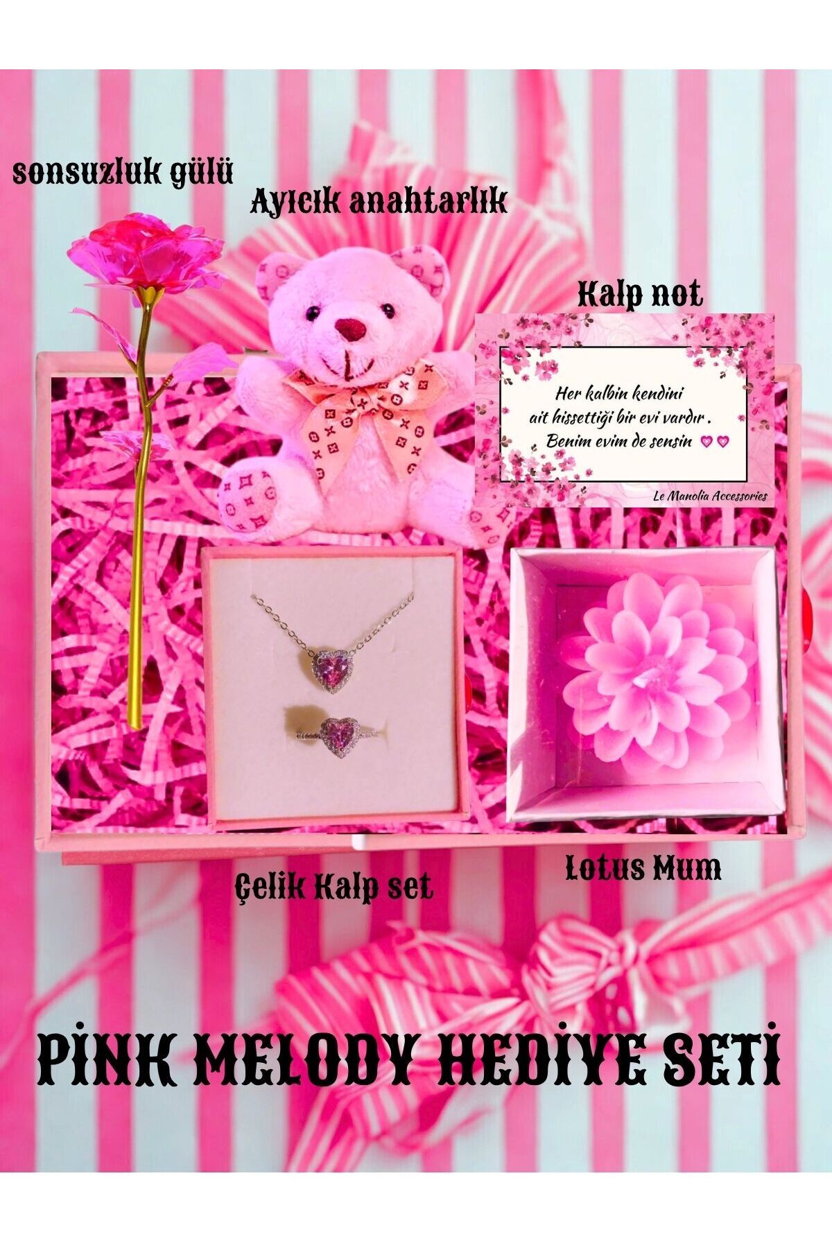 Le Manolia Accessories KARARMAZ ÇELİK pembe kalp kolye yüzük ,ayıcık,lotus mum ,solmayan sonsuzluk gülü seti