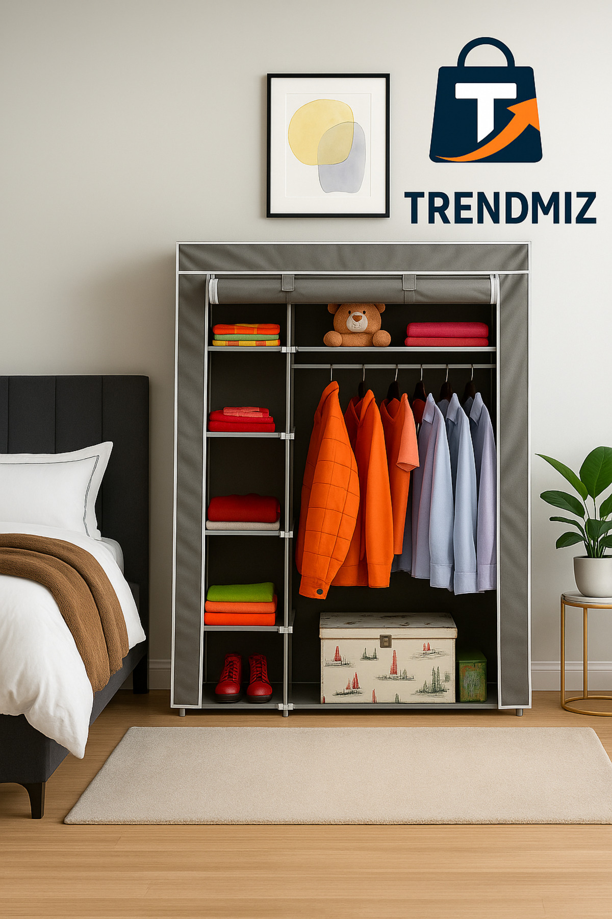 Trendmiz Father Yandan Raflı bez Dolap | Metal İskeletli Gardırop | Toz Geçirmez Fermuarlı Dolap