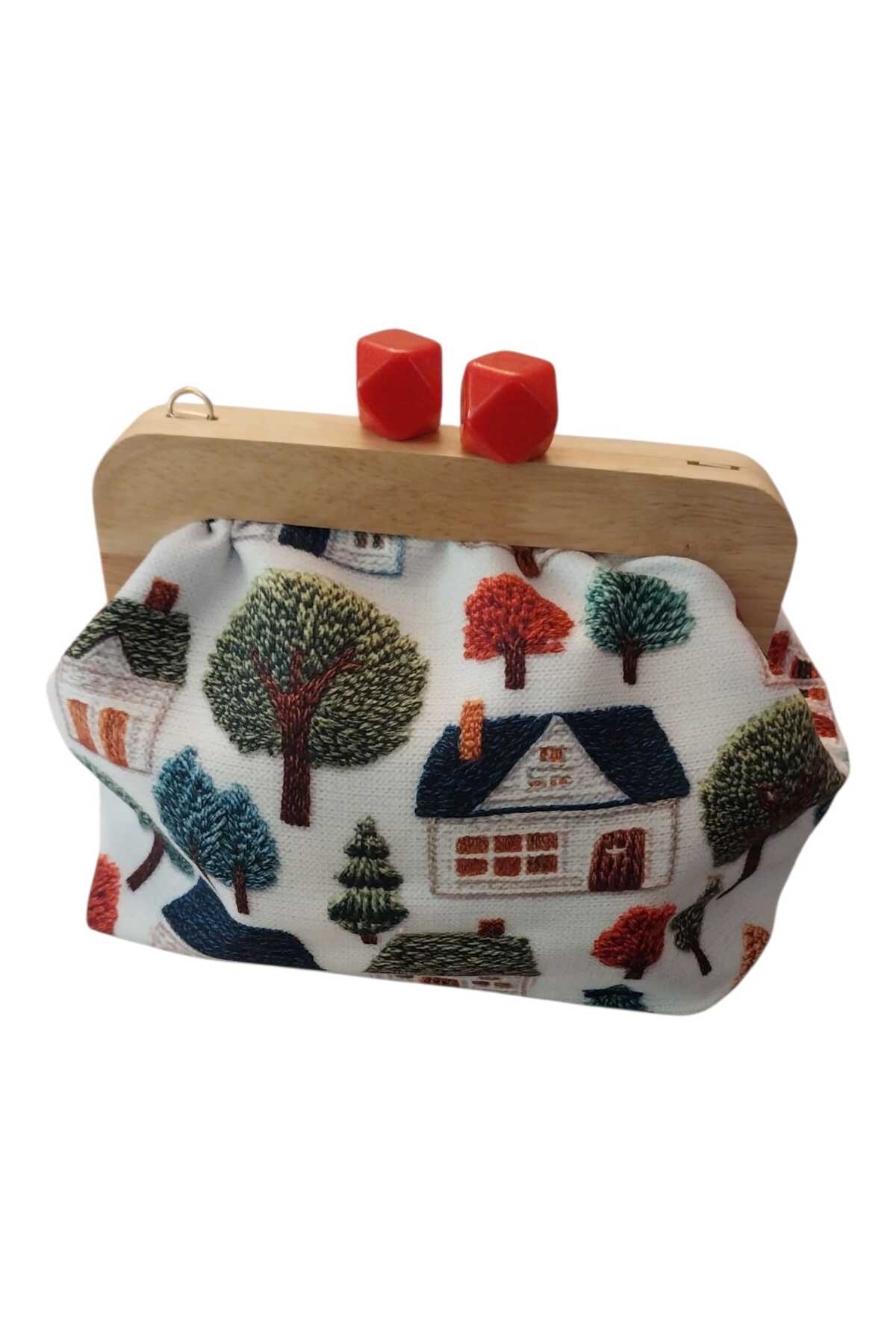 handedizayn Ahşap Burslu Siyah Puantiye Desenli Zincir Askılı Kadın El Omuz Çantası Clutch görsel 2