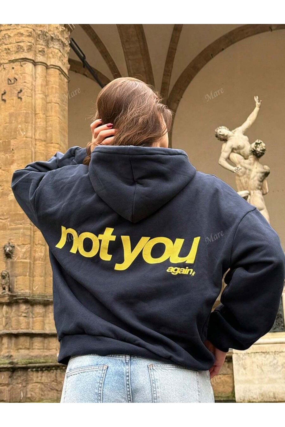 OVER HEAD Women's Navy Blue Not You Again Printed 3 Thread Hoodie Sweatshirt