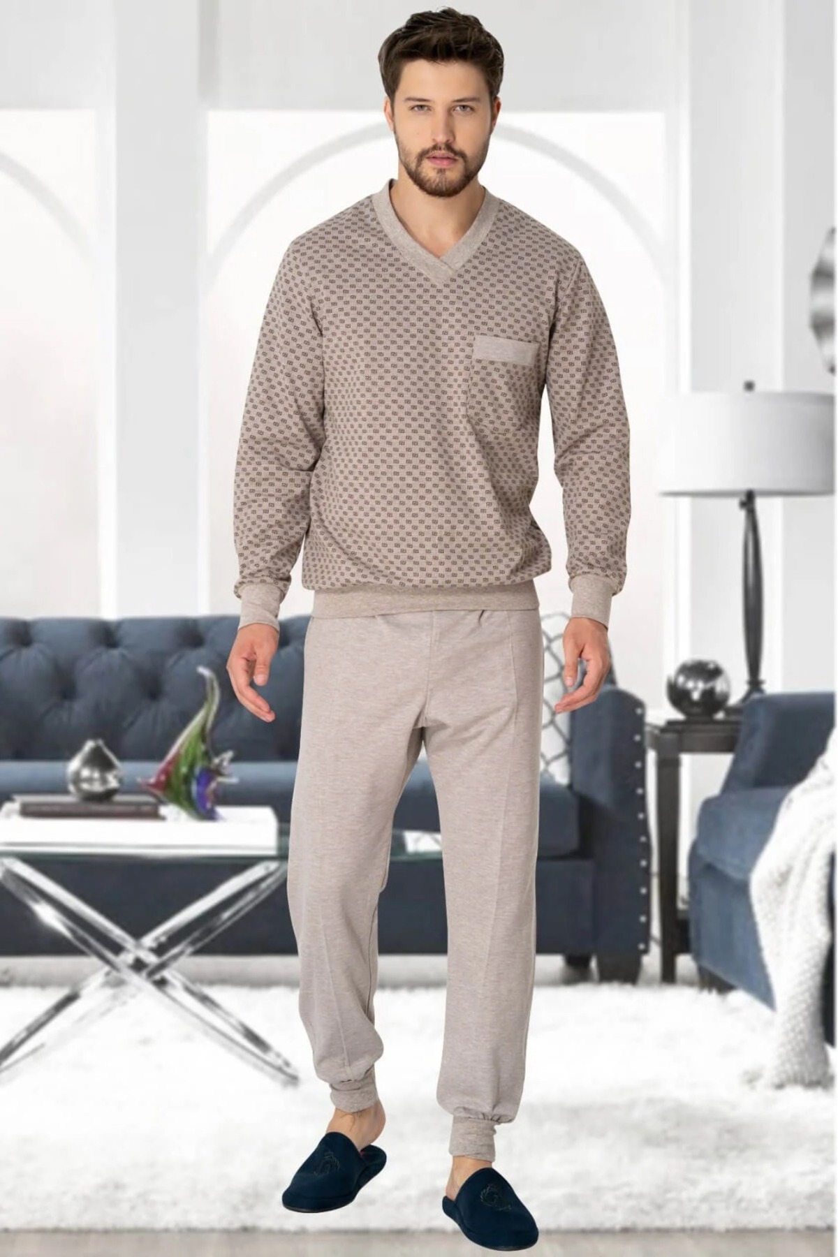 Lohussa Erkek Kahve Desenli Kalın Kışlık Uzun Kollu %100 Pamuk Büyük Beden (Battal Boy) Erkek Pijama Takım