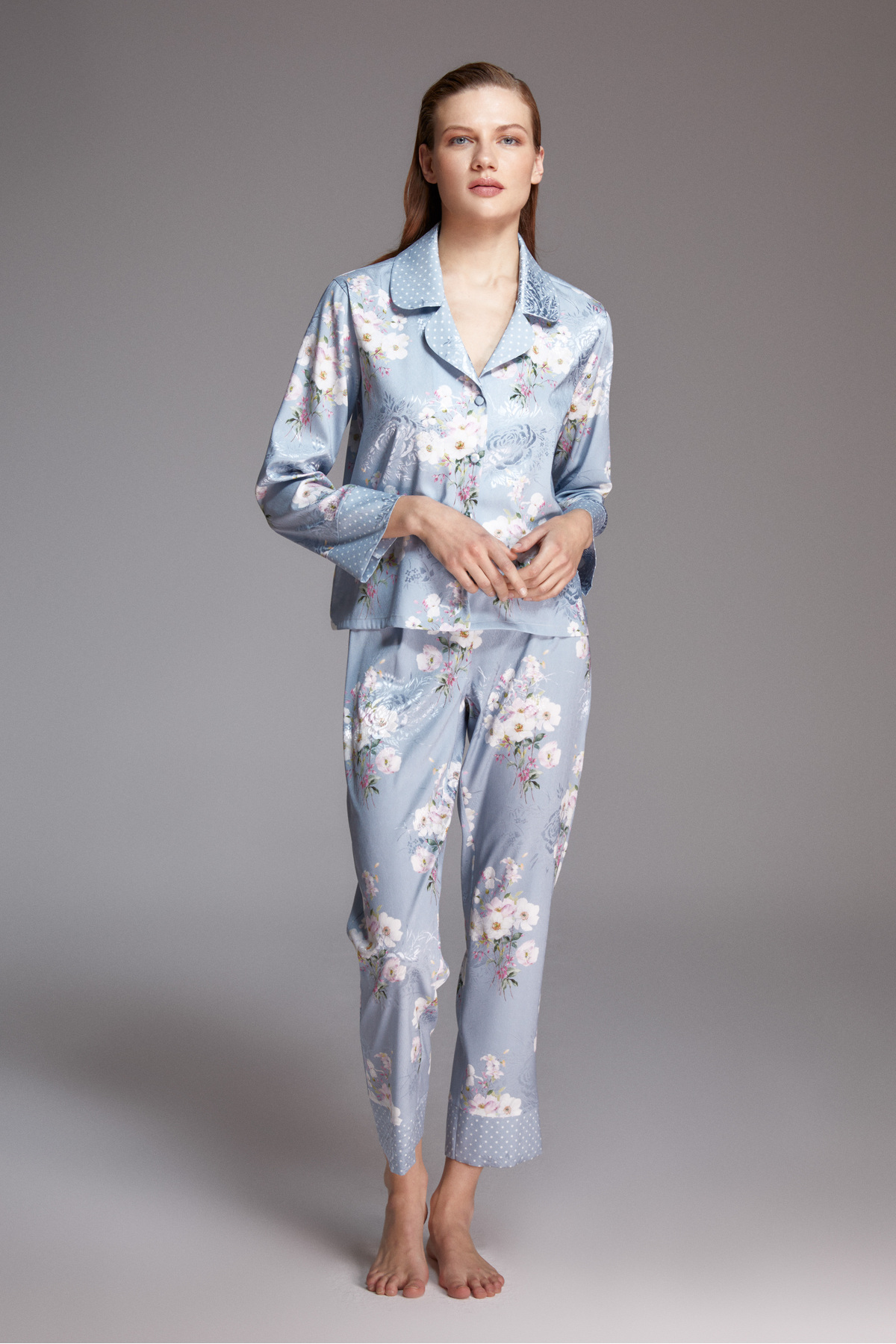 ANEF NORA Mavi Çiçek Desenli Kadın Pijama Takımı-Ev Giyim Seti-Gecelik