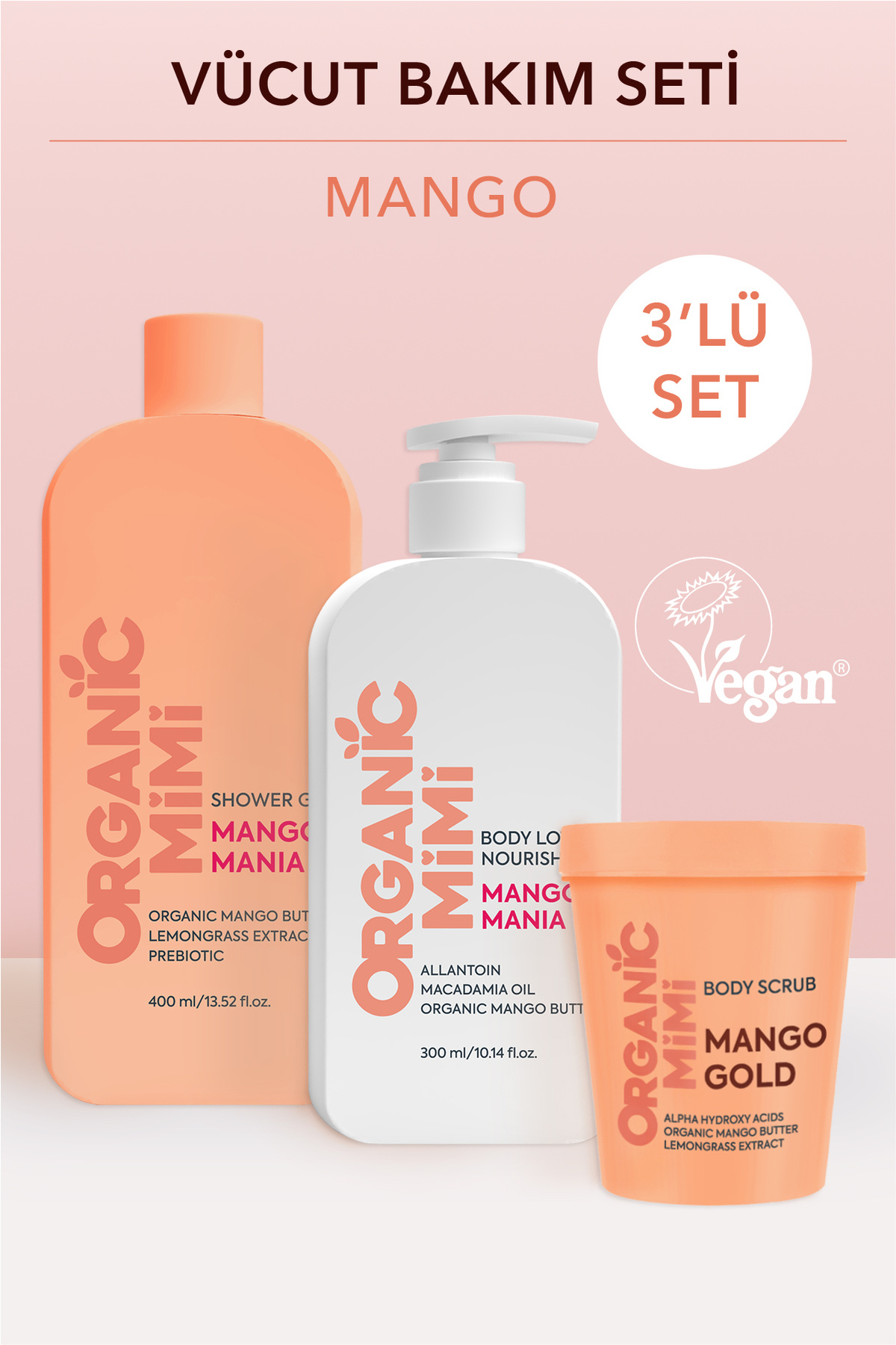 ORGANİC MİMİ 3’lü Vücut Bakım Seti Mango: Duş Jeli + Vücut Losyonu + Vücut Peelingi Nemlendirici ve Besleyici Set