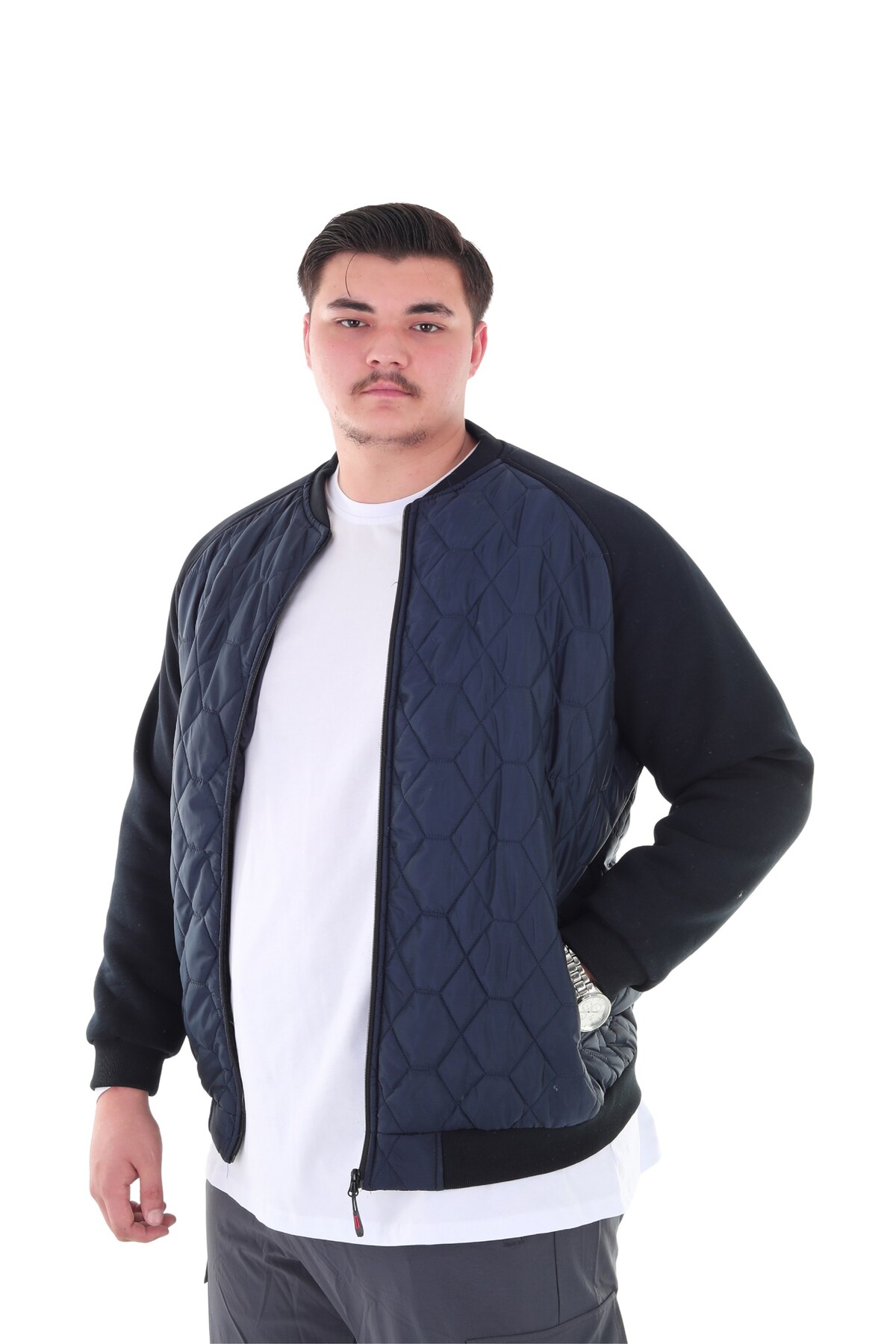 marufshop Erkek Büyük Beden 120 Kilo-158 Kilo Arası İçin Uygun Dik Yaka Parçalı Mevsimlik Hafif Mont görsel 2