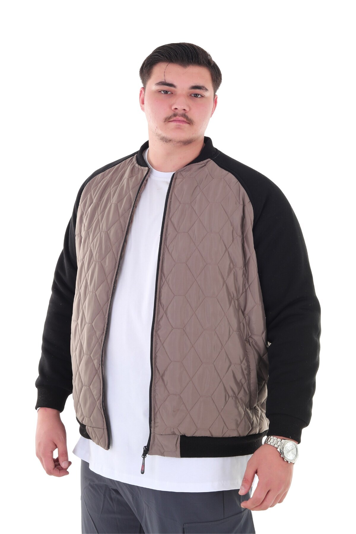 marufshop Erkek Büyük Beden 120 Kilo-158 Kilo Arası İçin Uygun Dik Yaka Parçalı Mevsimlik Hafif Mont görsel 6
