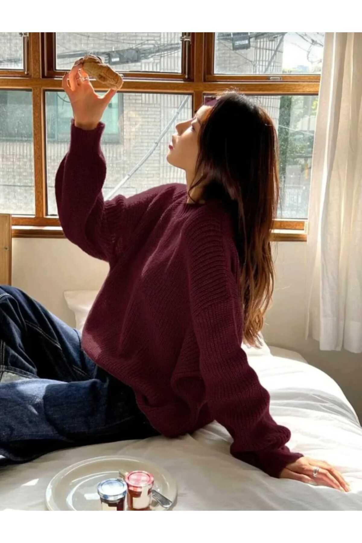 Genel Markalar  Bordo Bisiklet Yaka Oversize Kadın Triko Kazak - Görsel 5