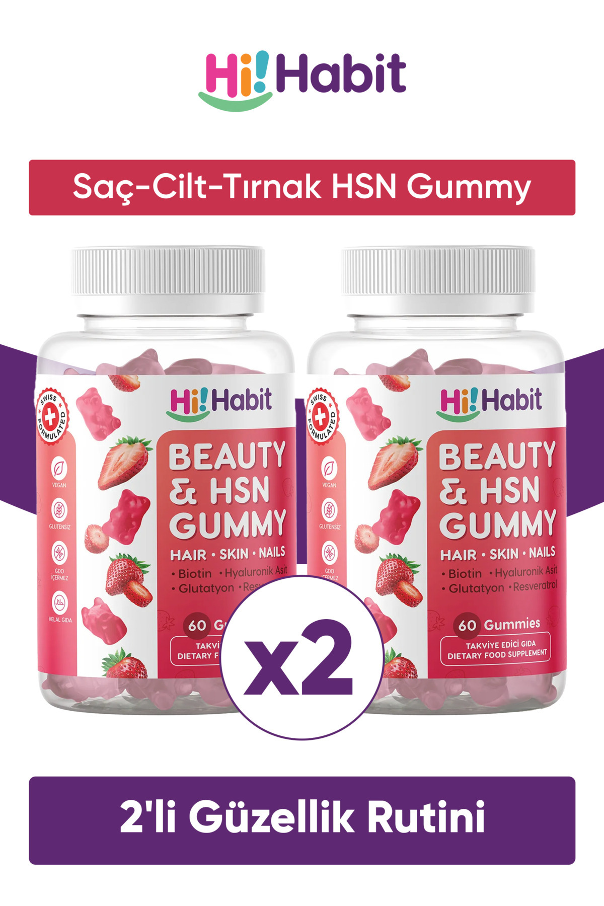 Hi Habit HSN Saç, Cilt ve Tırnak Vitamini Takviye Edici Gıda Seti (60 Günlük)