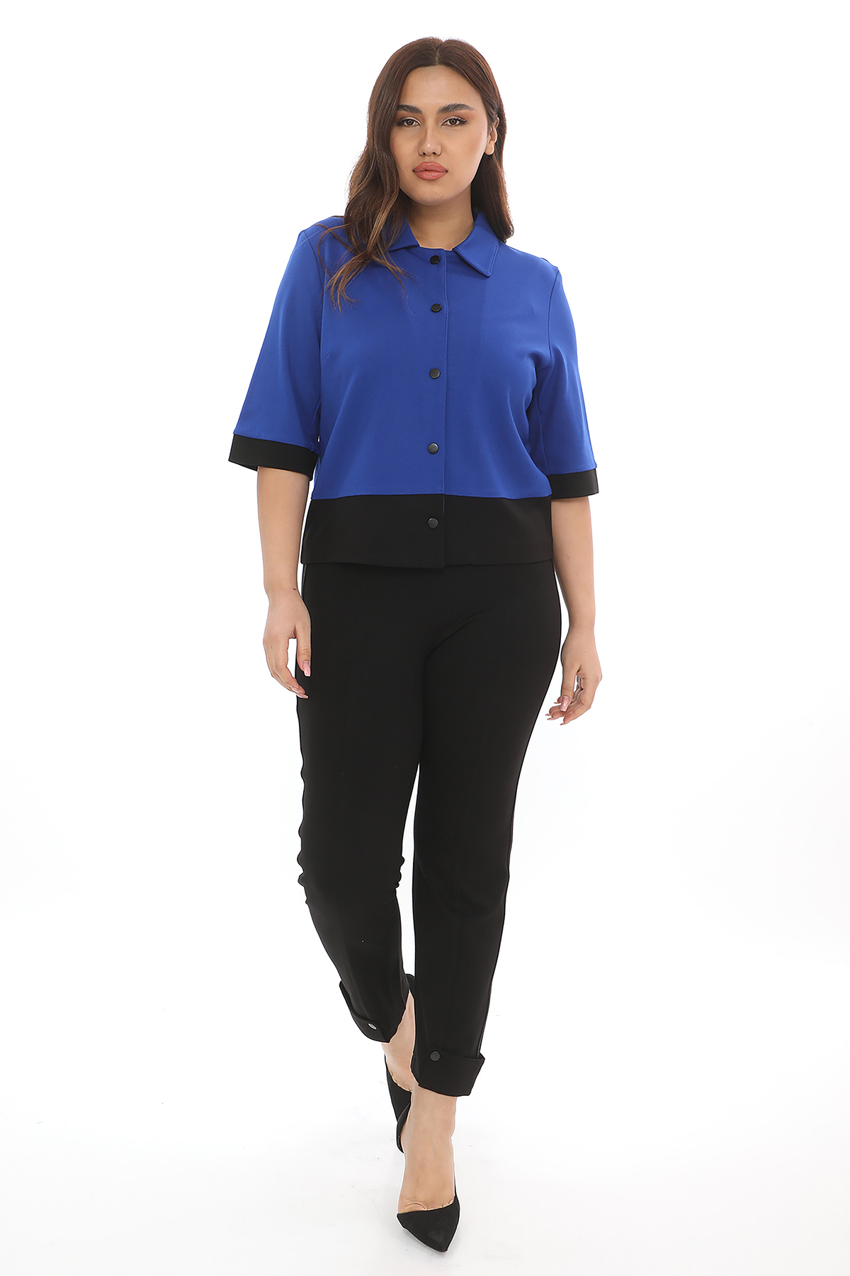 Kadın Mevsimlik Önü Çıt Çıtlı Zarif 3/4 Kollu Şık Ofis Günlük Saks Mavisi Ceket