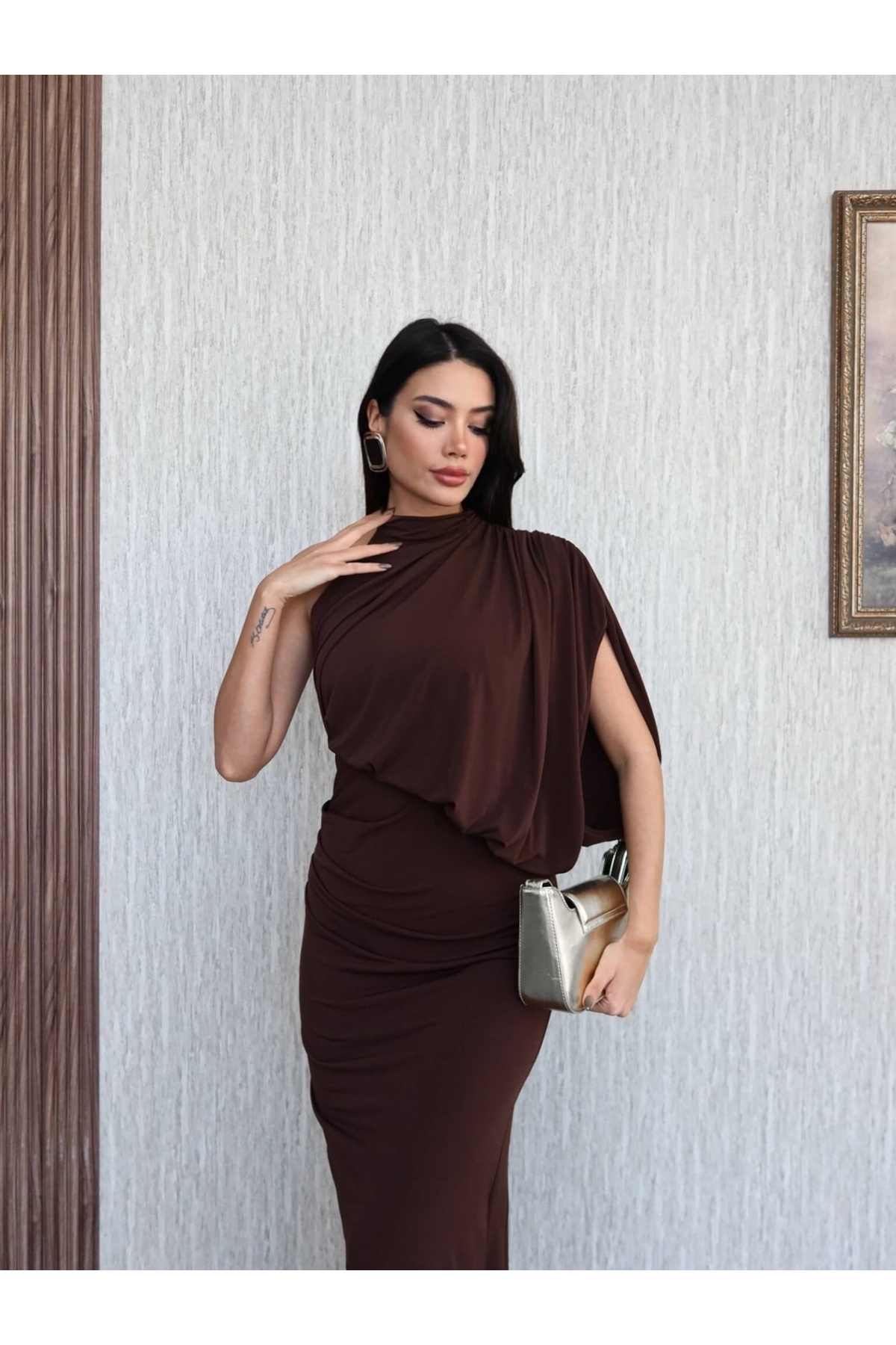 ESRAHELVACI  Tek Omuz Drapeli Uzun Elbise - Görsel 2