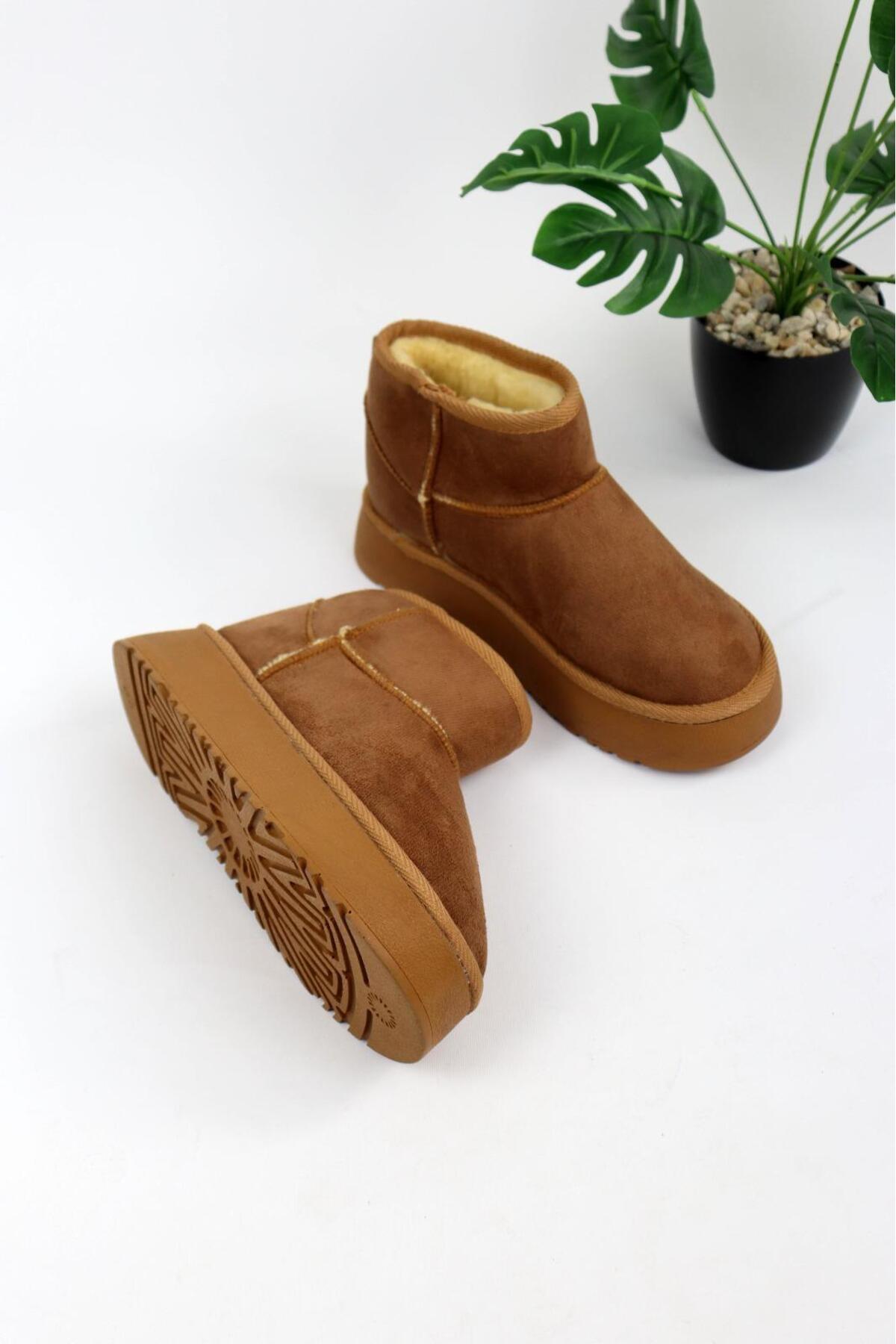 moda gim Kadın Taba Süet Içi Kürklü Yünlü Kalın Tabanlı Yüksek Topuklu Taban Kışlık Bilekte Kısa Mini Ug Bot