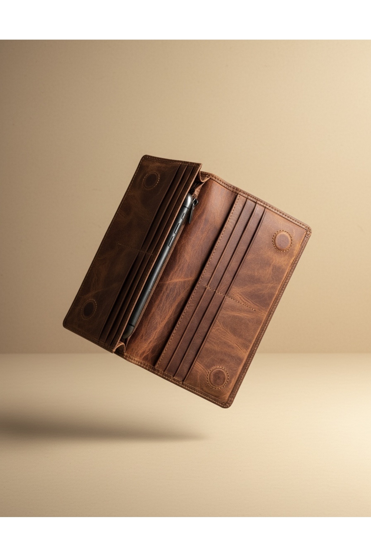 patideri Telefon Bölmeli Hakiki Deri El Çantası– Tutma Bantlı, Mıknatıslı