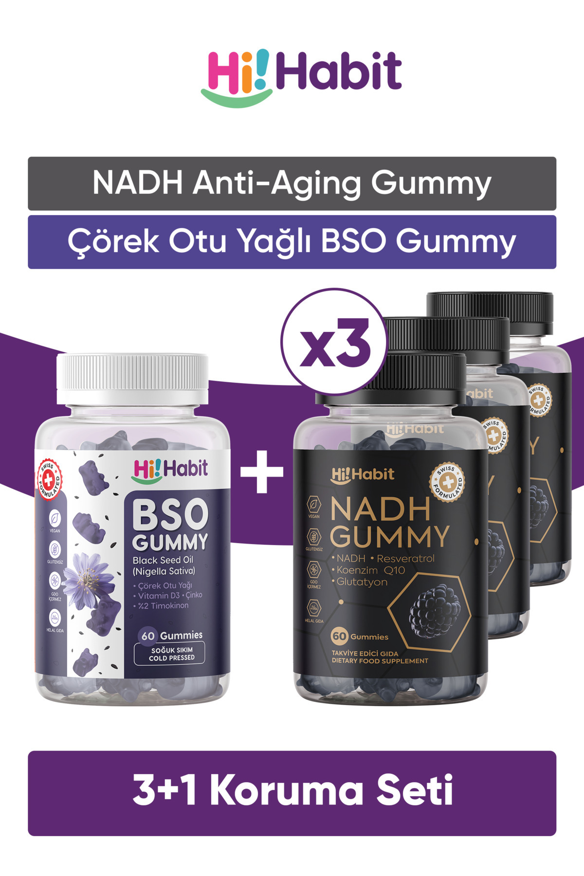 Hi Habit NADH Koenzim Q10 - BSO Çörek Otu Yağı Gummy Takviye Edici Gıda Seti