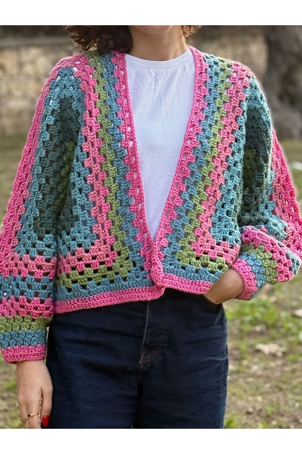 MELUSH Hexagon Motif Knit Cardigan, Multi-Colored Hand Knit