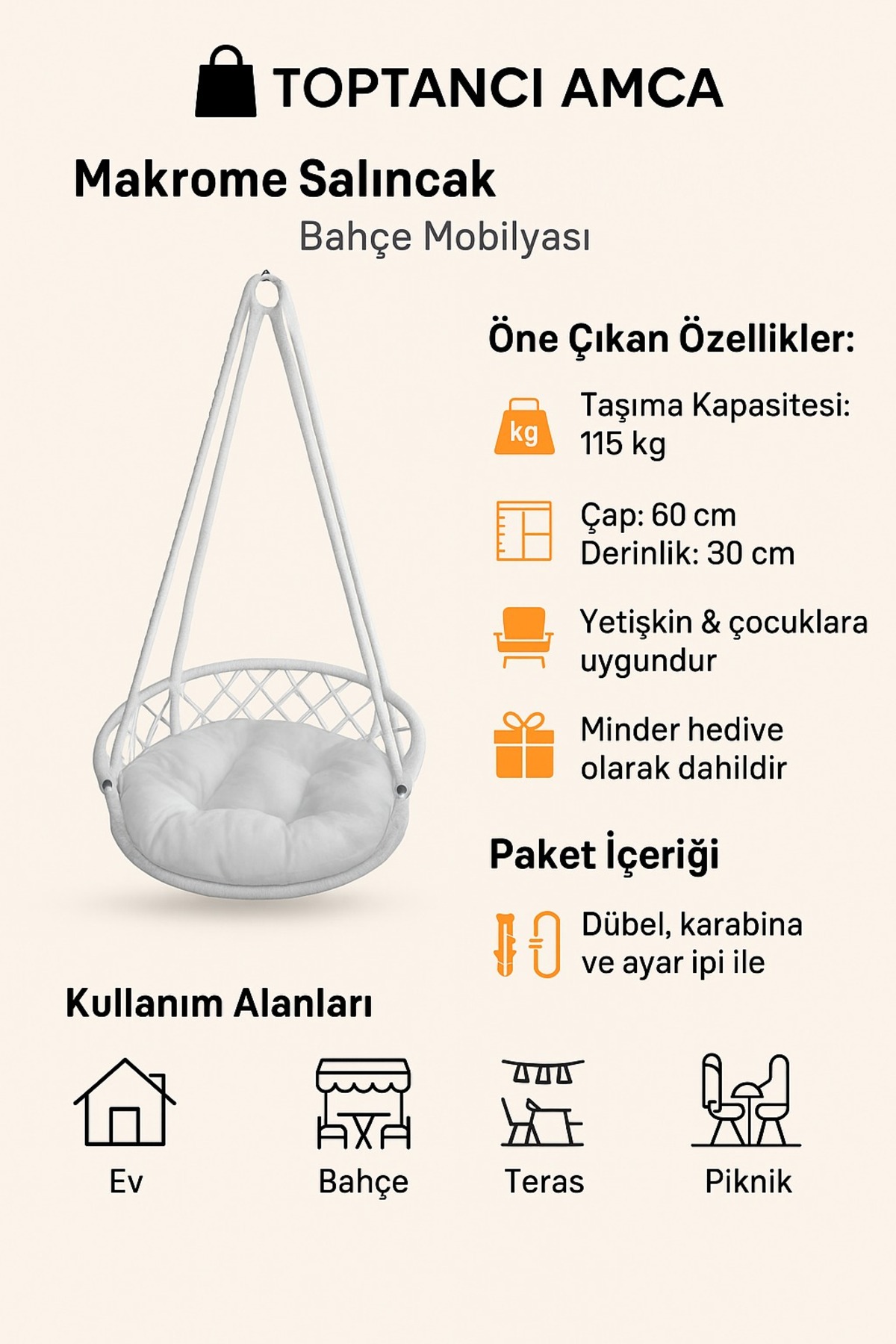 Toptancı Amca Makrome Tavan Salıncak Askılı Minderli Oturma Salıncağı | Balkon Bahçe İçin El Örgüsü Askı Koltuk fotoğrafı 3 (önizleme)