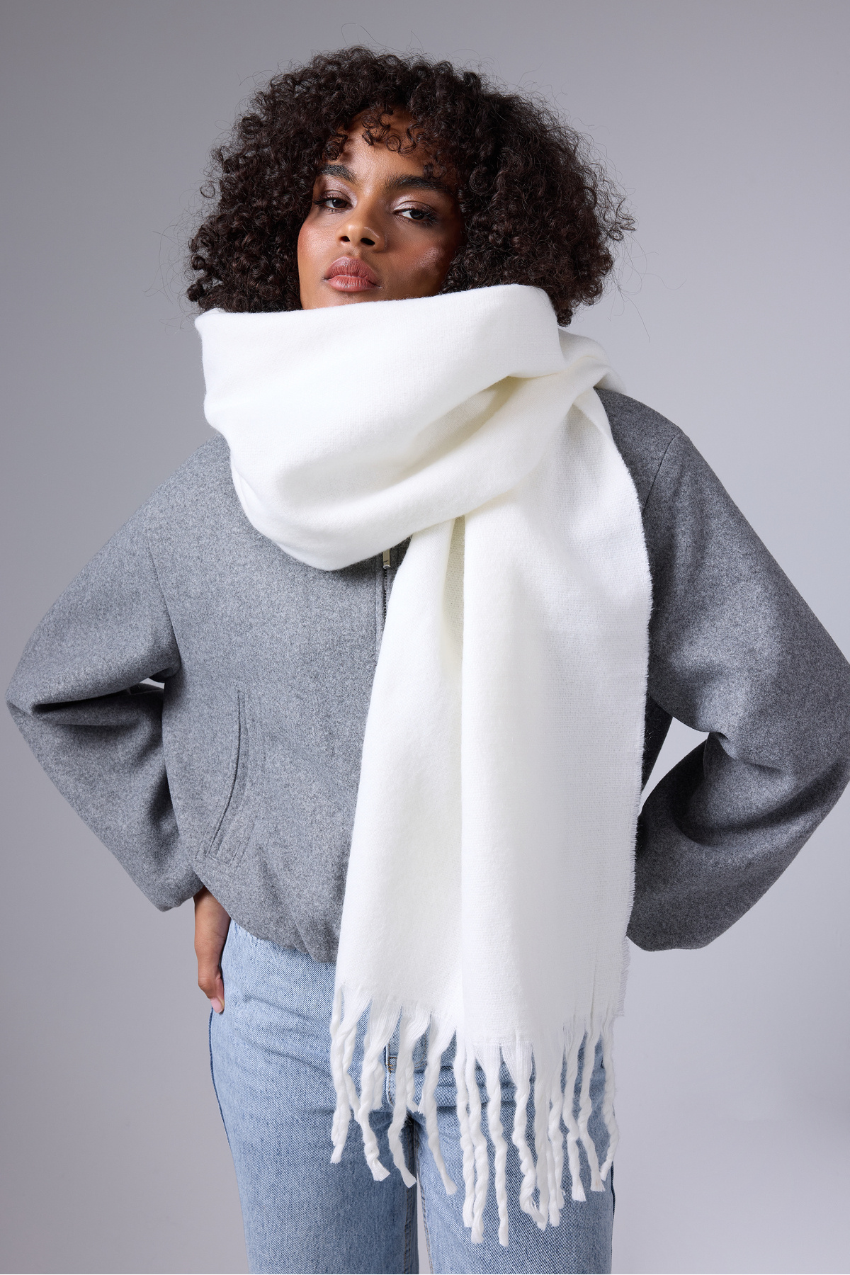 myfirstsea Yumuşak Dokulu Puffy Şaçaklı Şal Atkı - Trend Kalın Kışlık Mode 50cmx210cm