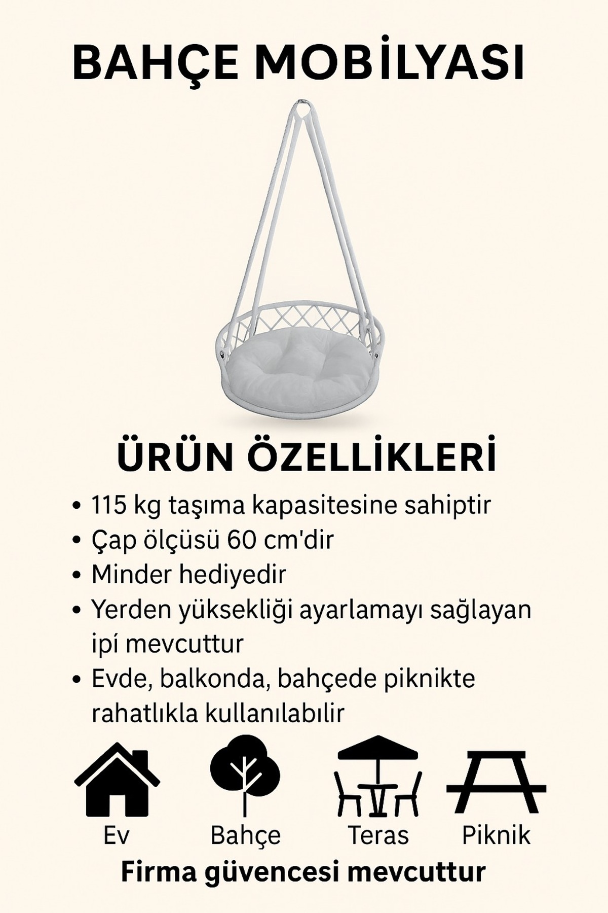 Toptancı Amca Makrome Tavan Salıncak Askılı Minderli Oturma Salıncağı | Balkon Bahçe İçin El Örgüsü Askı Koltuk fotoğrafı 2 (önizleme)
