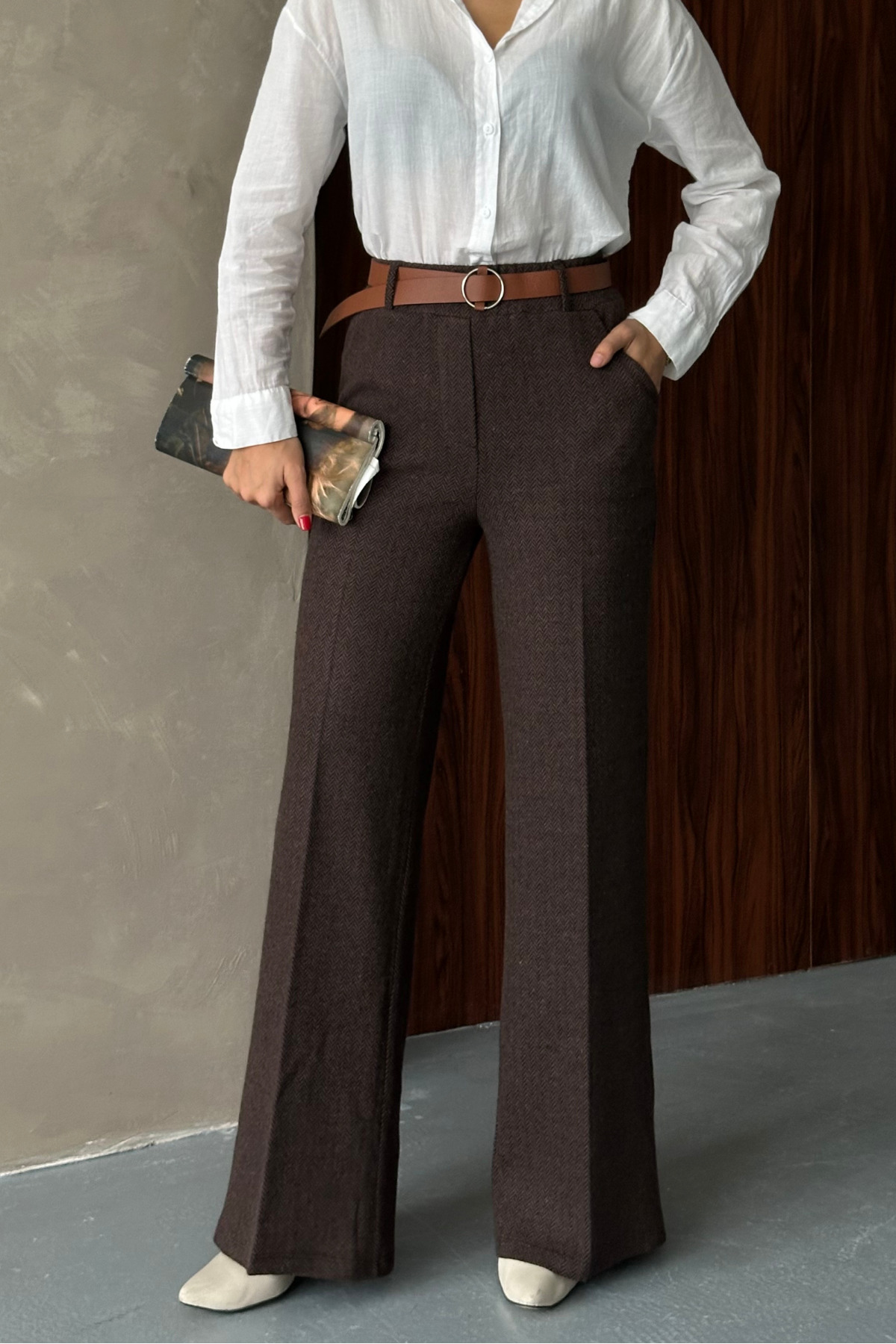 macharel jeans  Kadın Desenli Bol Paça Cepli Kemerli Palazzo Pantolon - Görsel 7