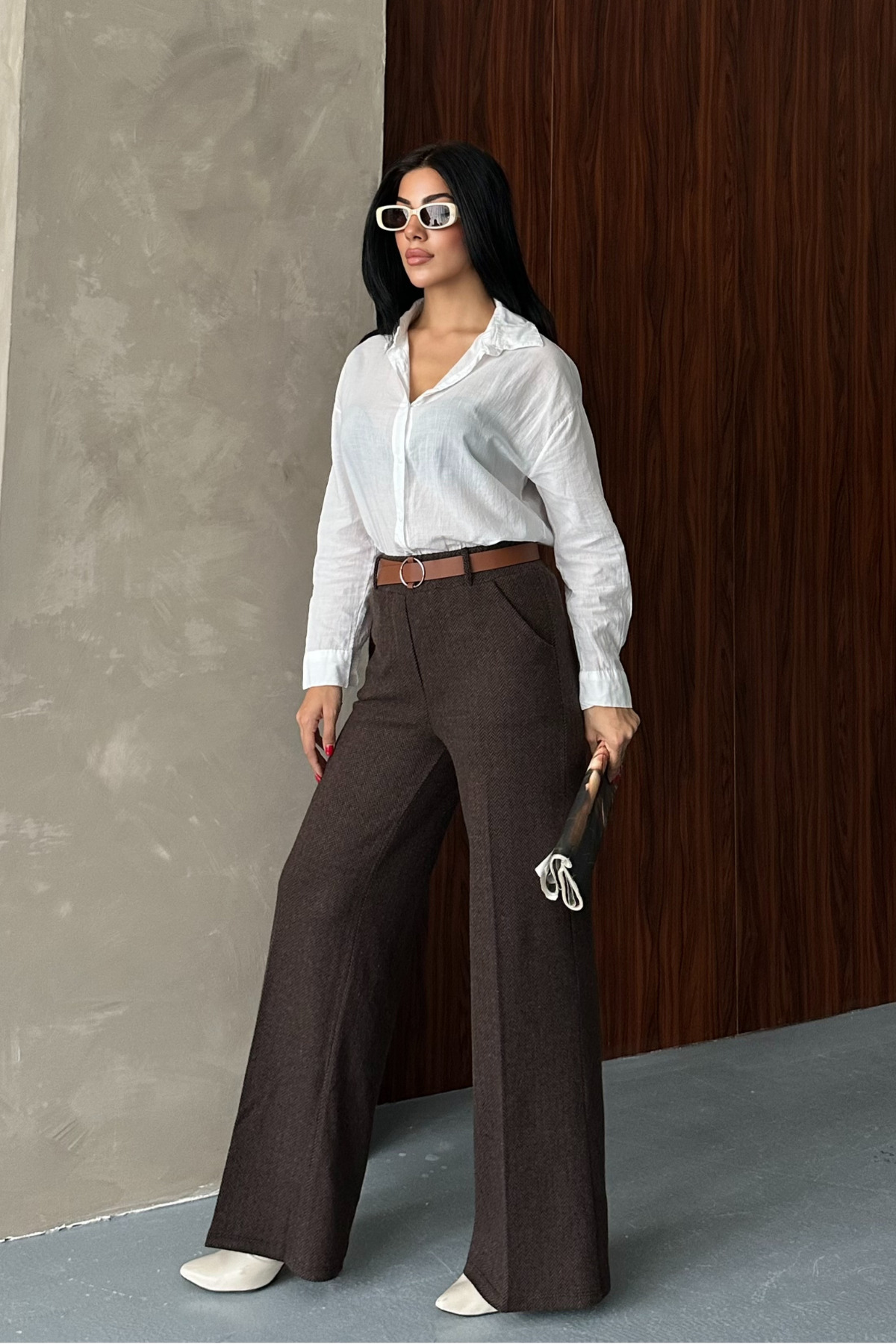 macharel jeans  Kadın Desenli Bol Paça Cepli Kemerli Palazzo Pantolon - Görsel 5