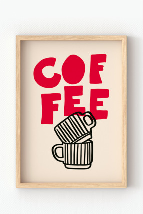 MIOVI Ahşap Çerçeveli Coffee Poster – Minimalist Kırmızı Tipografi Kahve Duva...