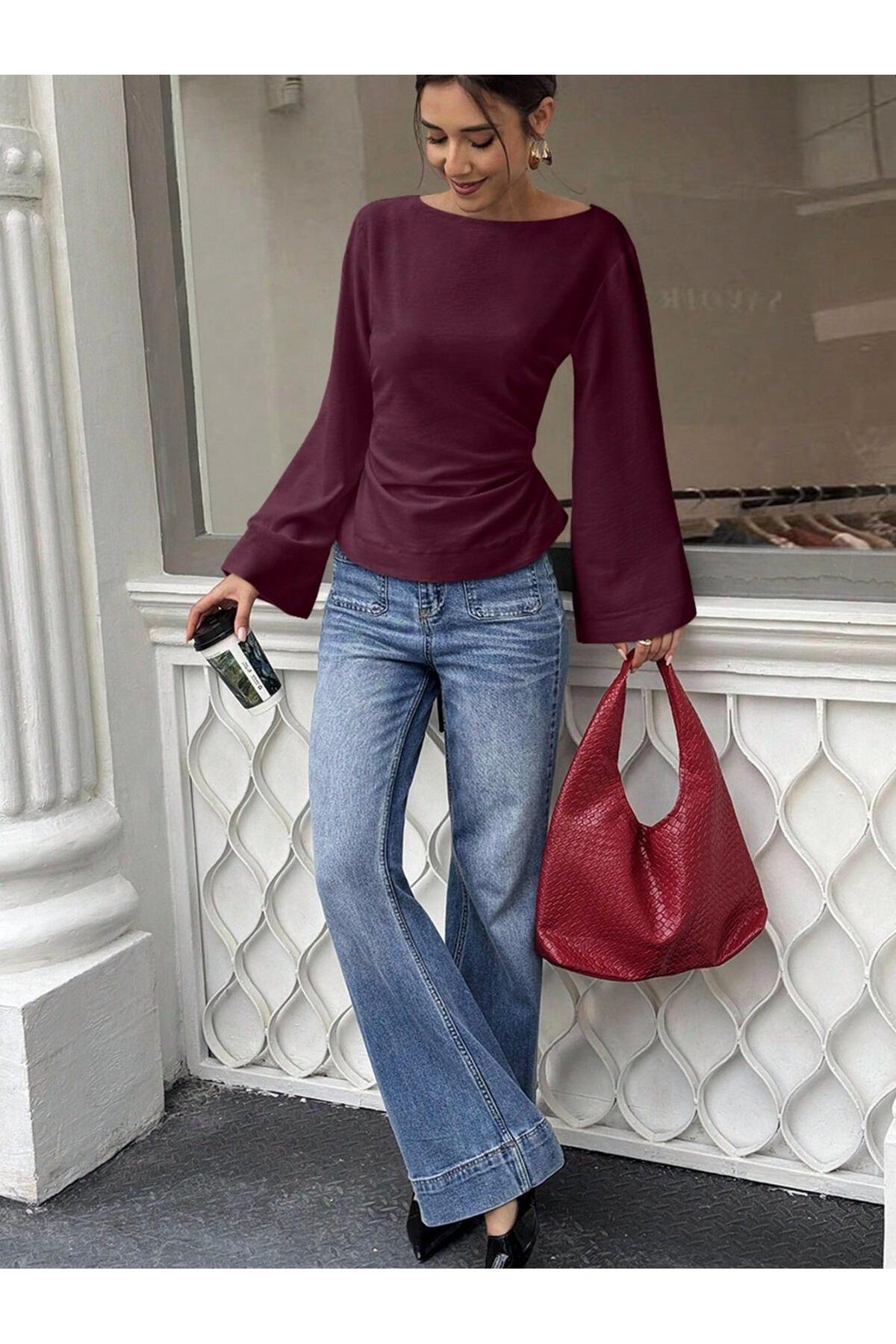 Genel Markalar  Kadın Belden Bağlamalı İpli İspanyol Kol Bluz - Görsel 4