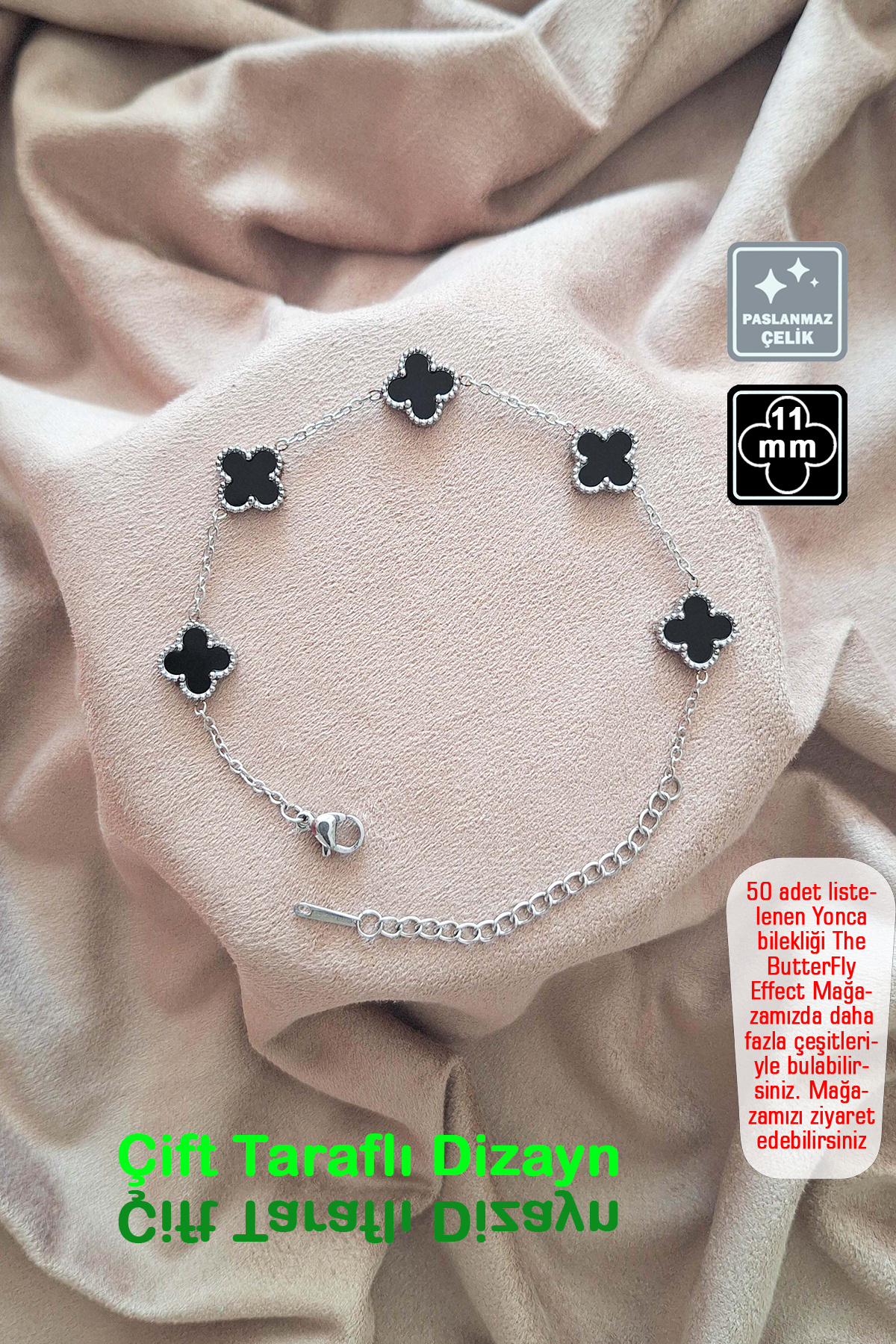 🍀4 Leaf Clover Steel Bracelet 🎨 Black Silver Small