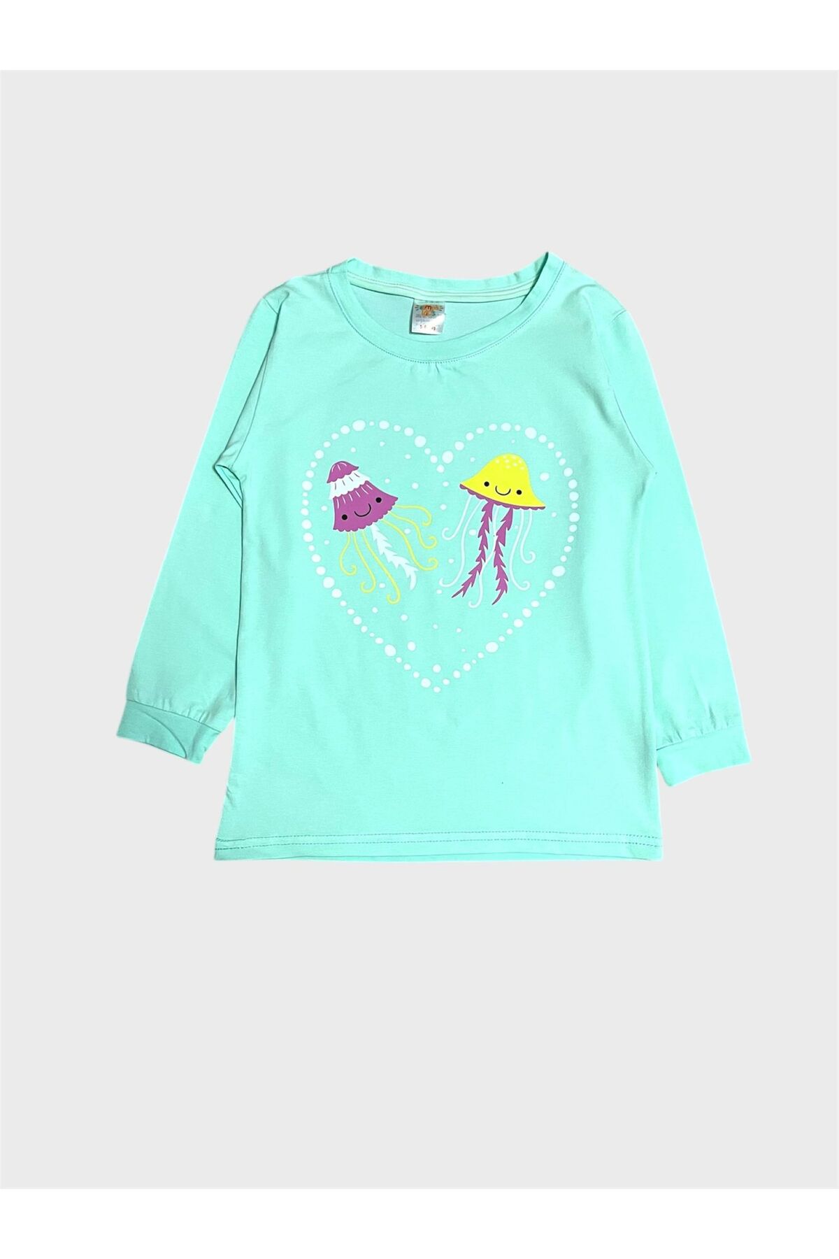 elmas kids Kız Çocuk Pamuklu Su Yeşili Deniz Anası Desenli Mevsimlik Uzun Kollu Pijama Takımı fotoğrafı 5 (önizleme)