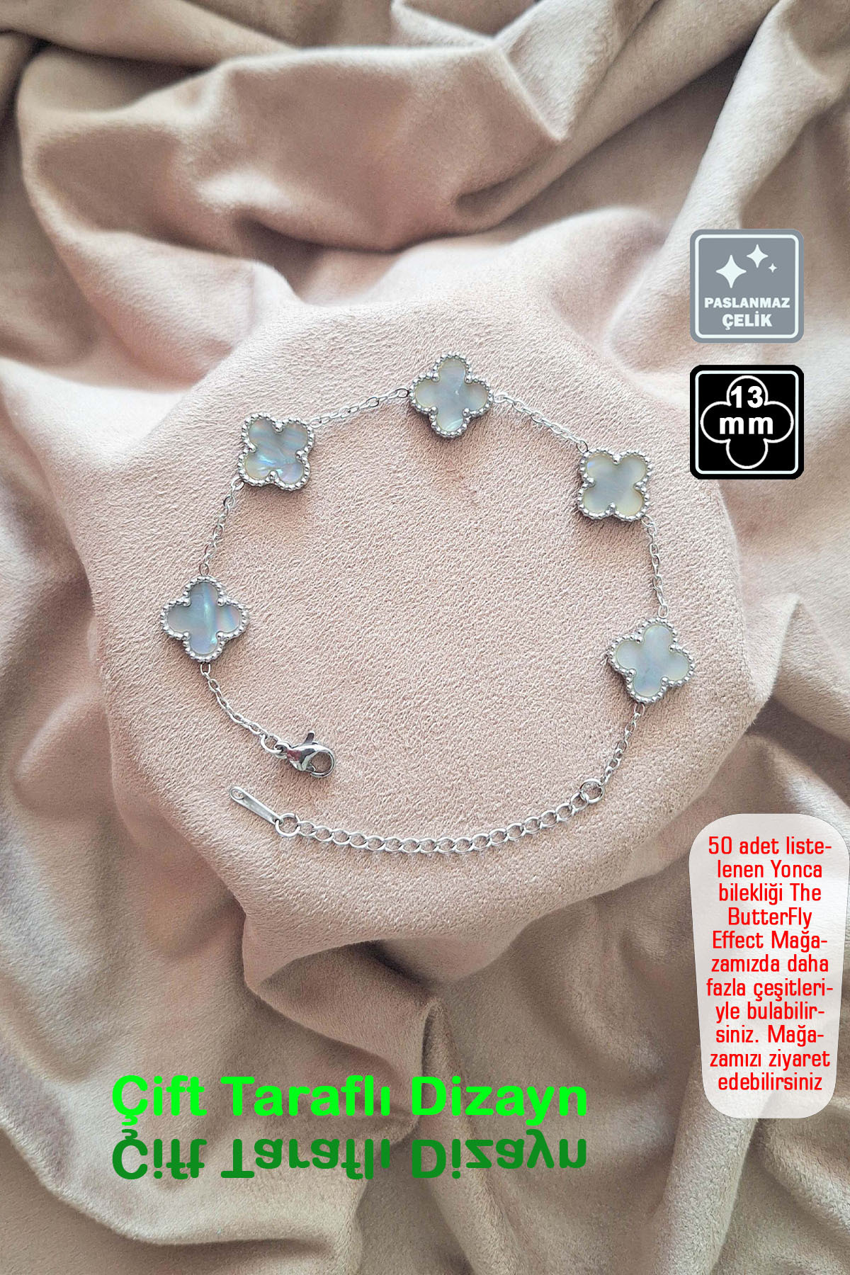🍀4 Leaf Clover Steel Bracelet 🎨 Ivory Silver Pearl