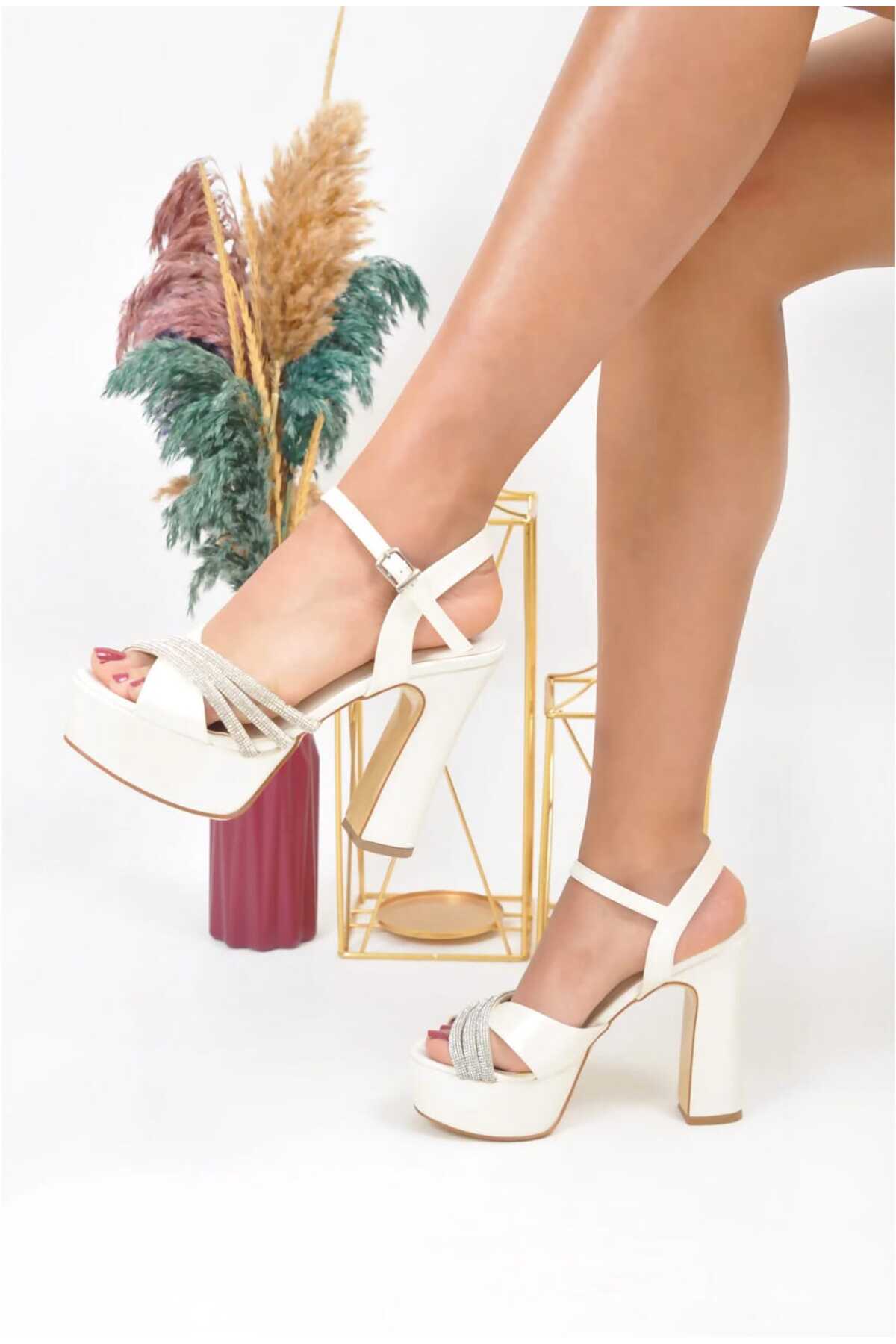 KEIRY Ecru Satin Women's Evening High Heels with Stone Detail
