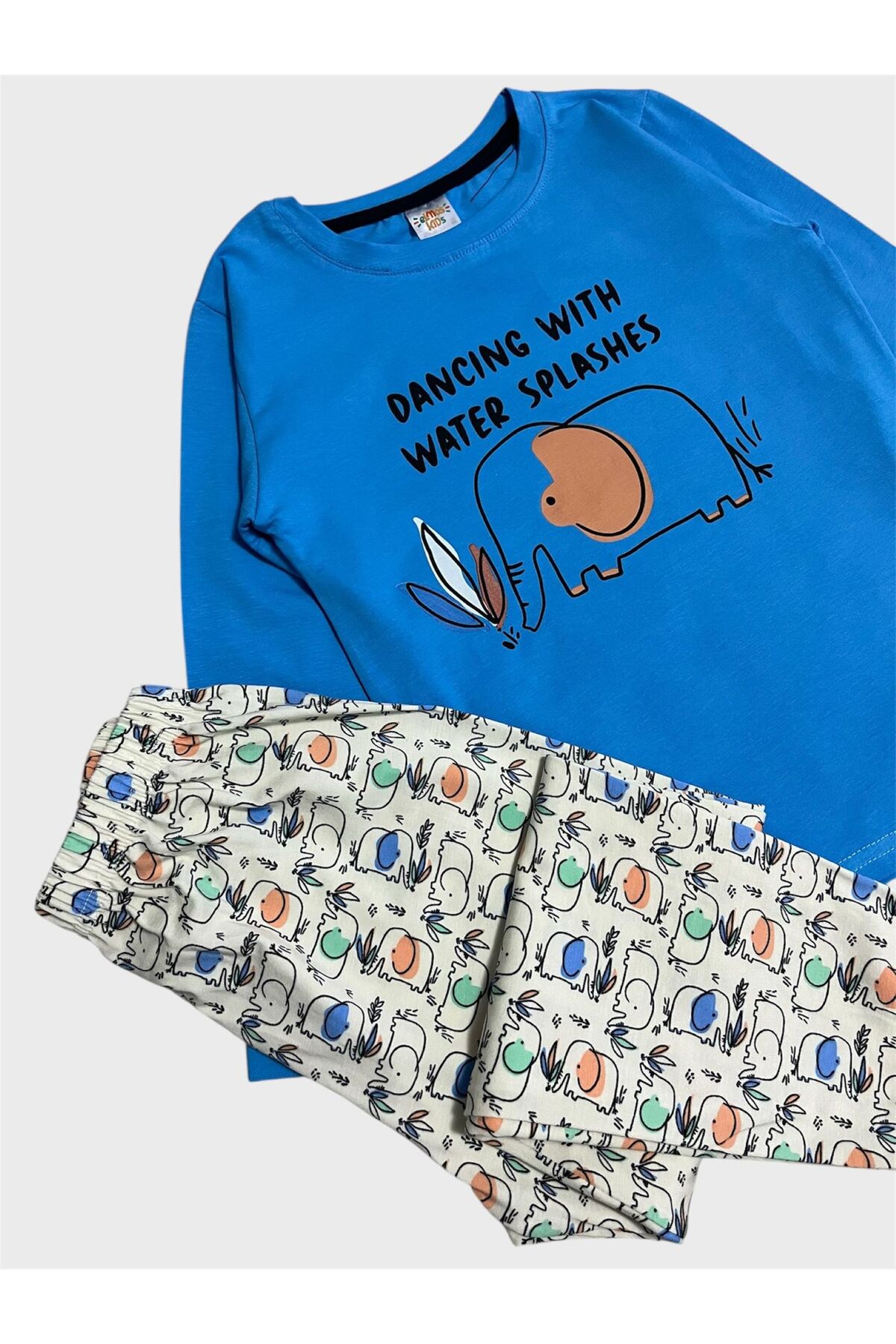 elmas kids Erkek Çocuk Pamuklu Mavi Renk Fil Desenli Mevsimlik Uzun Kollu Pijama Takımı fotoğrafı 3 (önizleme)
