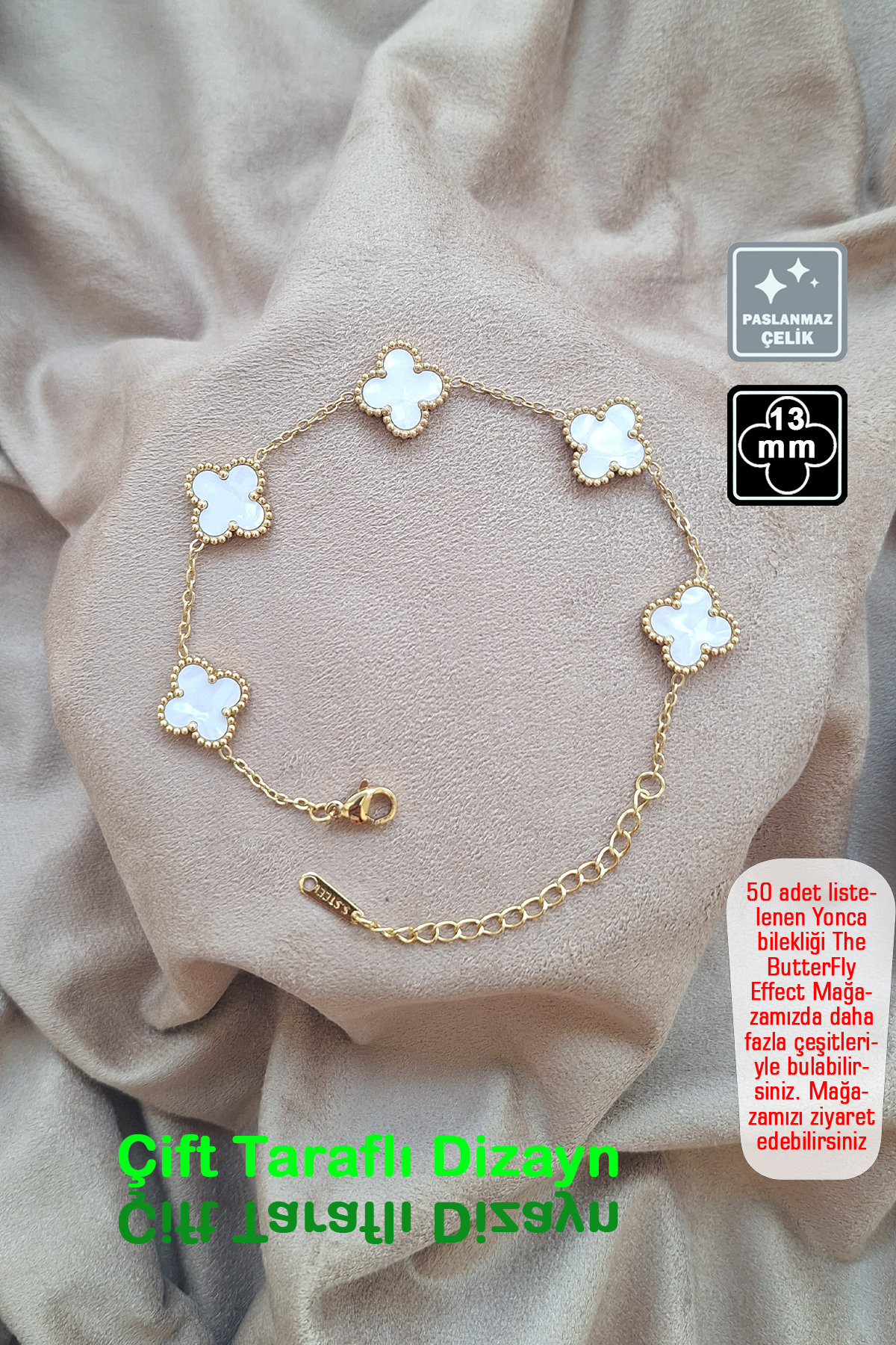 🍀4 Leaf Clover Steel Bracelet 🎨 White Gold Pearl