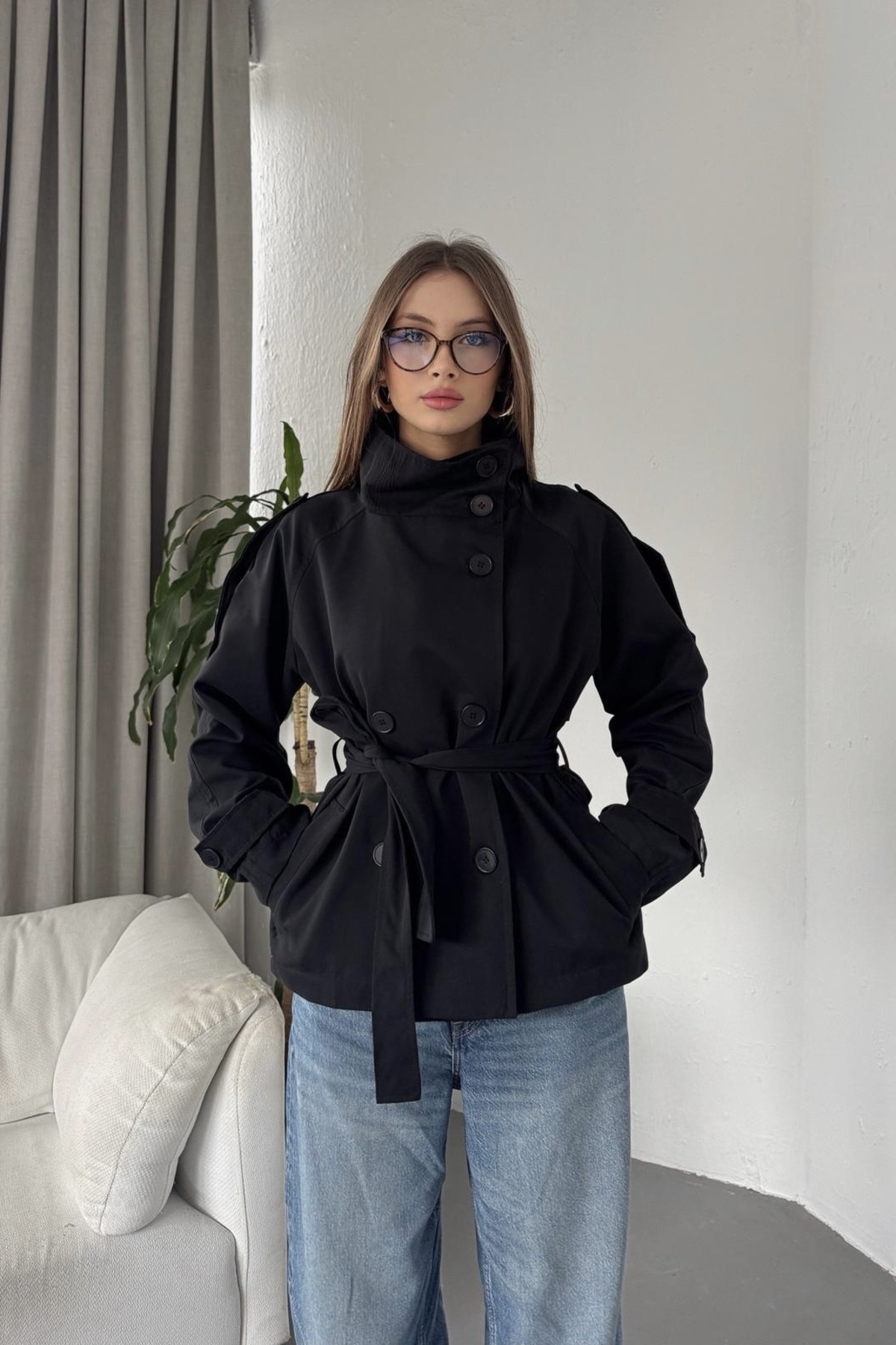 Moderk BSK MODEL DİK YAKA KISA TRENÇKOT CEKET görsel 4