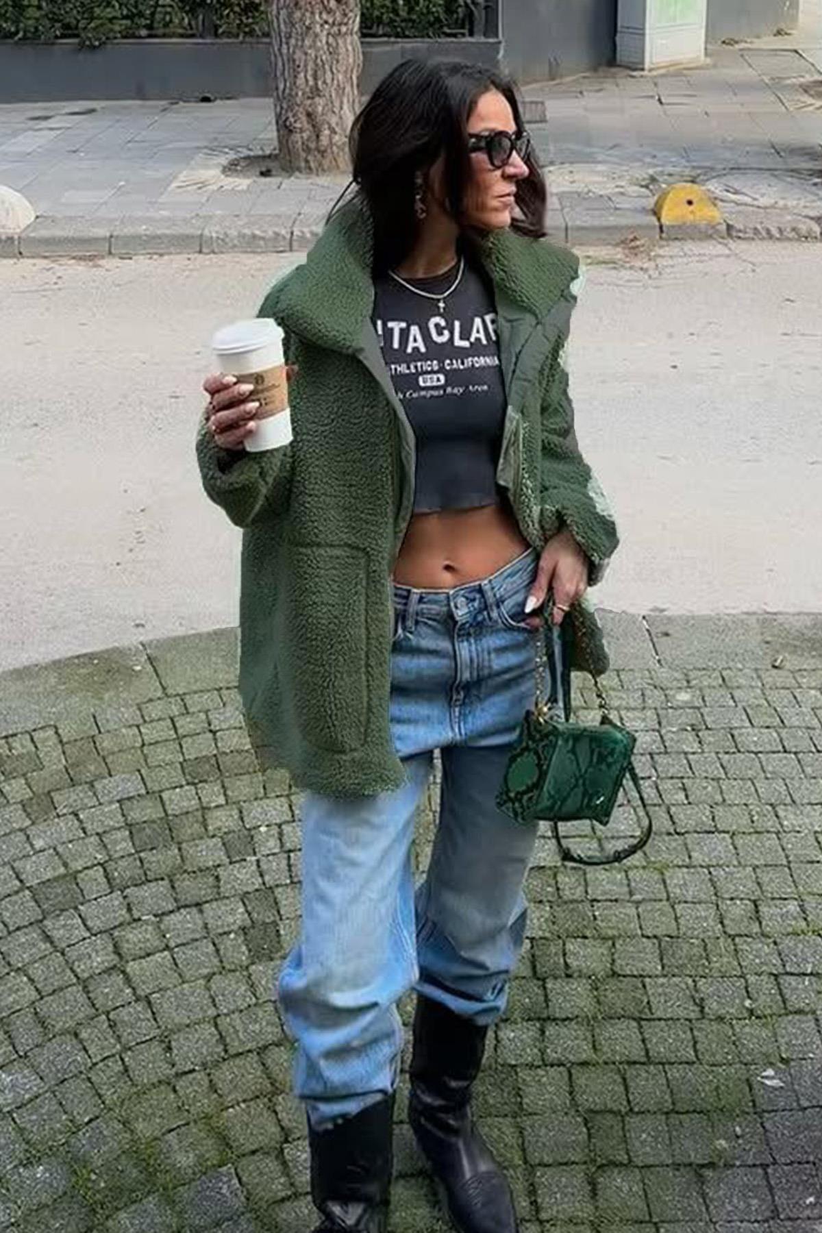 Madmext  Haki Dik Yakalı Cepli Peluş Mont MG1966 - Görsel 2