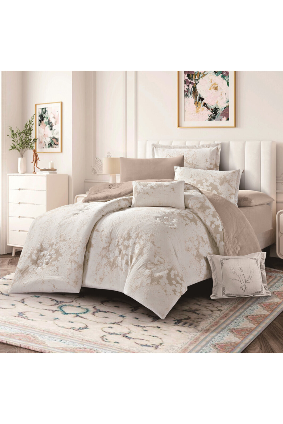 مفرش شتوي فرو ومخمل بحشوة ثقيلة مناسب لمقاس سرير مفرد 120×200 سم من هورس مكون من 4قطع 250 غرزة