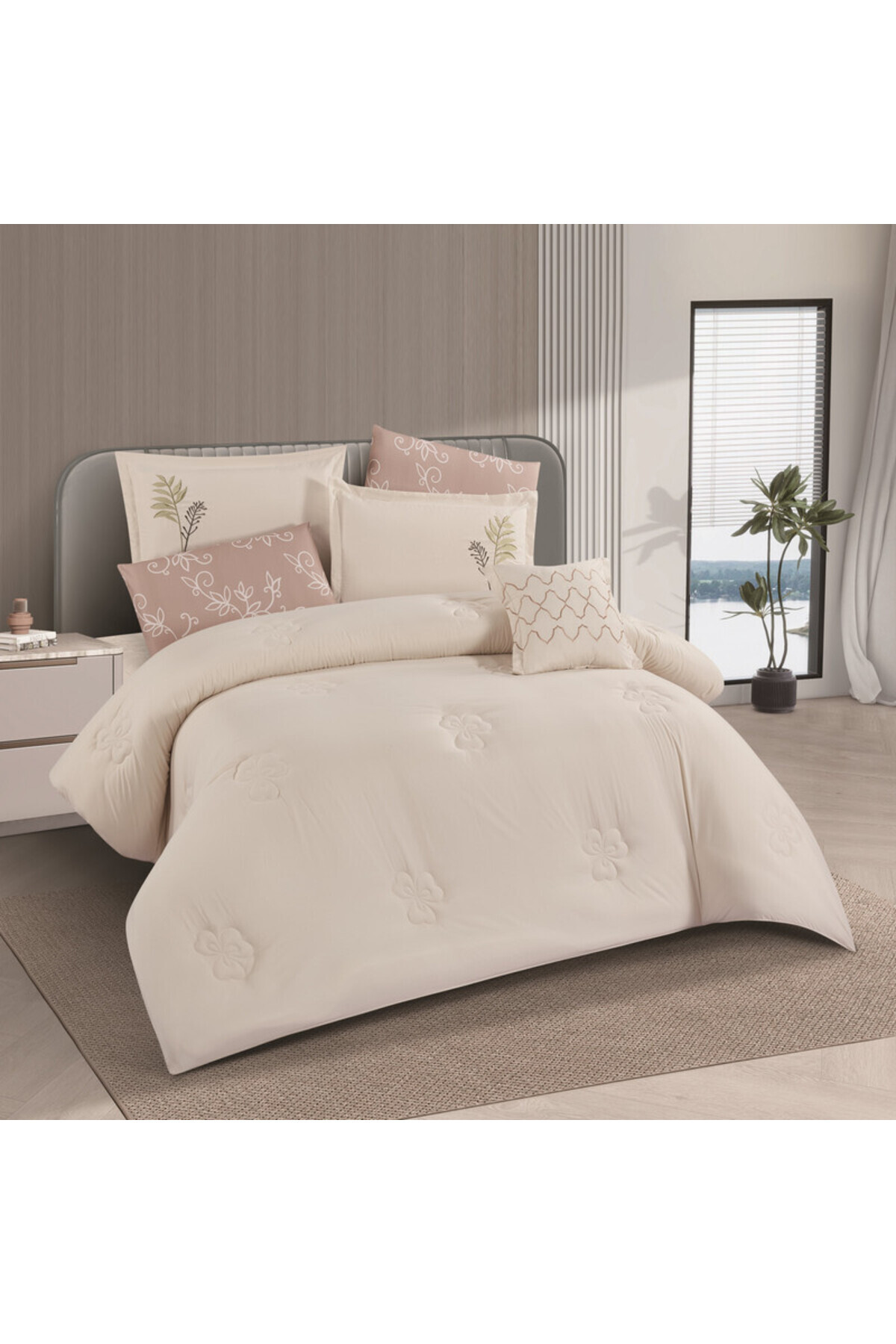 مفرش صيفي من الماكروفيبر الفاخر مطرز مناسب لمقاس سرير مزدوج 200×200 سم من هورس مكون من 8قطع240 غرزة