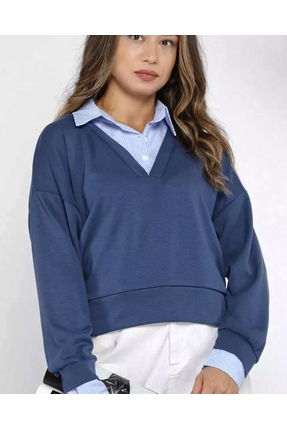 Genel Markalar Lacivert Kadın Gömlek Garnili Sweatshirt