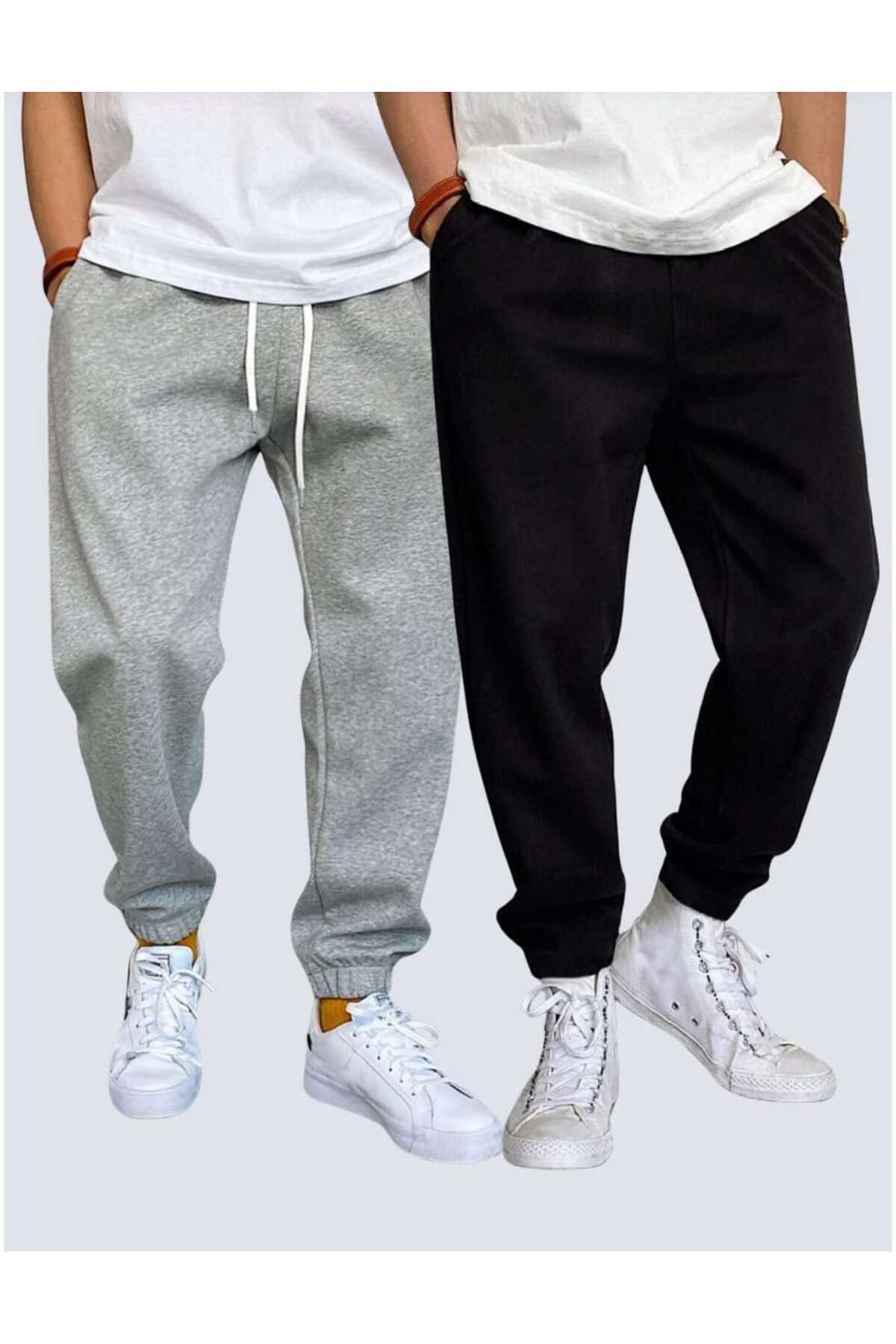 Genel Markalar KIŞLIK İKİLİ UNİSEX SİYAH GRİ PAÇA LASTİKLİ EŞOFMAN ALTI